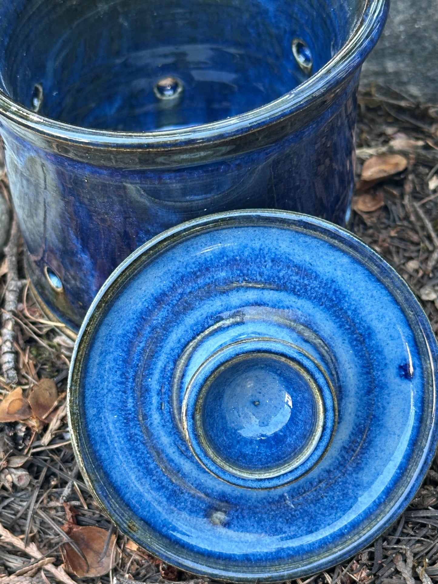 Pottery (Ceramic) Blue Straight Sided Garlic Keeper