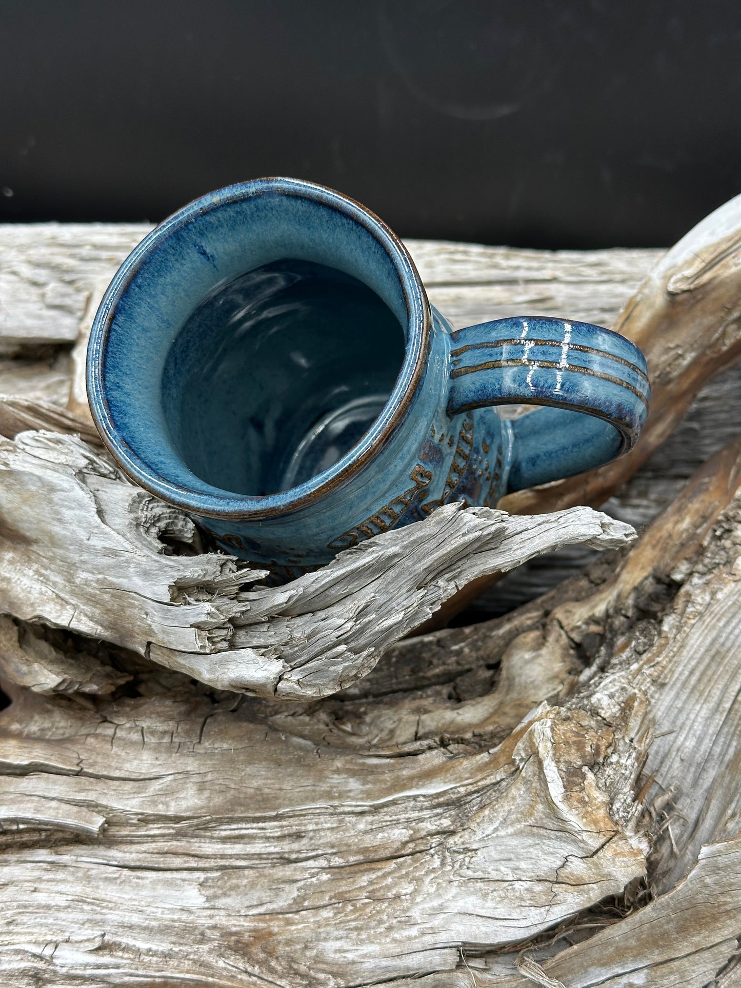 Water Blue Hand Built Textured Whimsical Fish Mug with Brown Accents approximately 12 ounces (M0108)