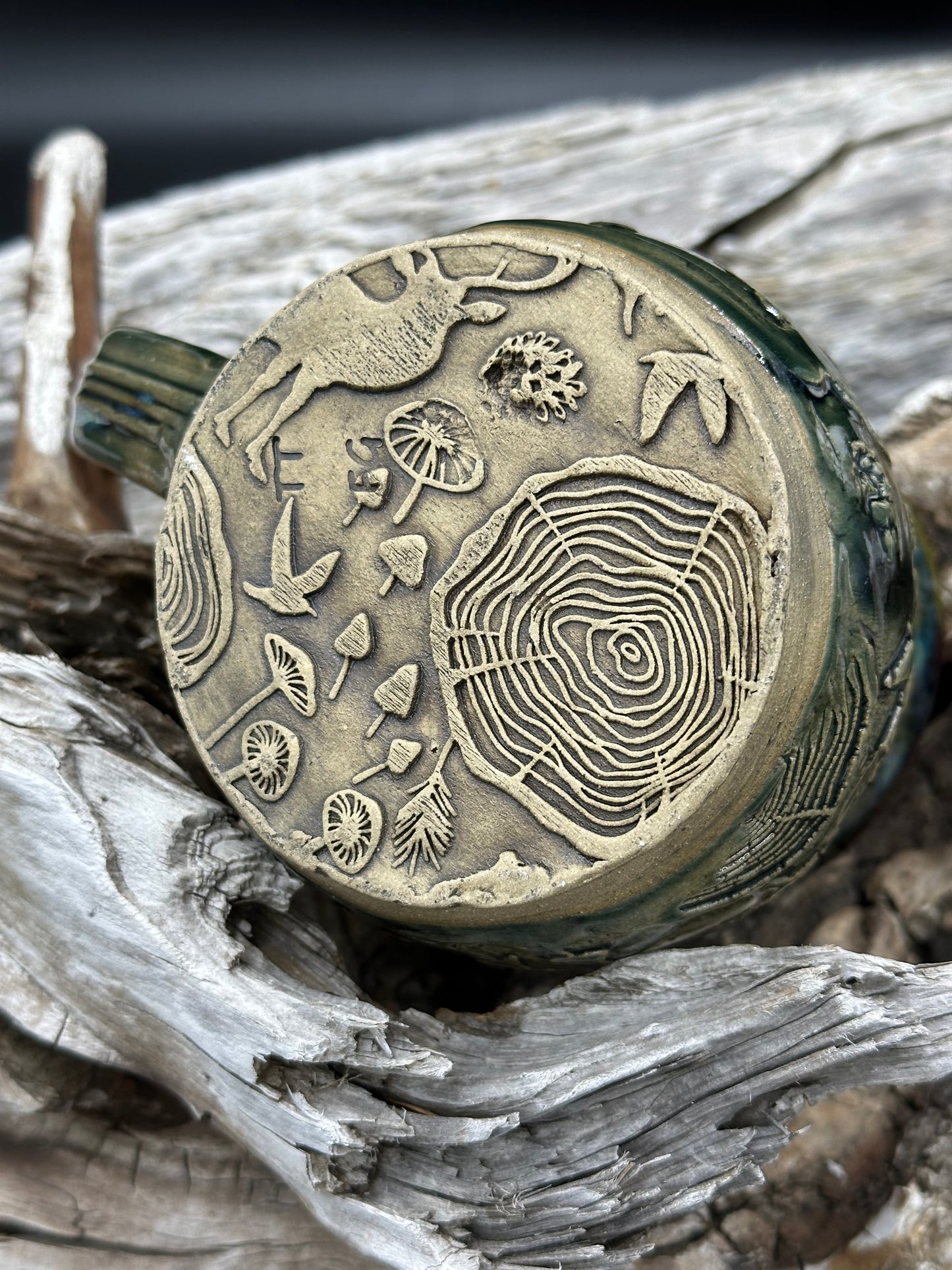 Outdoor Forest Scene Green Pottery Mug approximately 16 ounces (M0104)