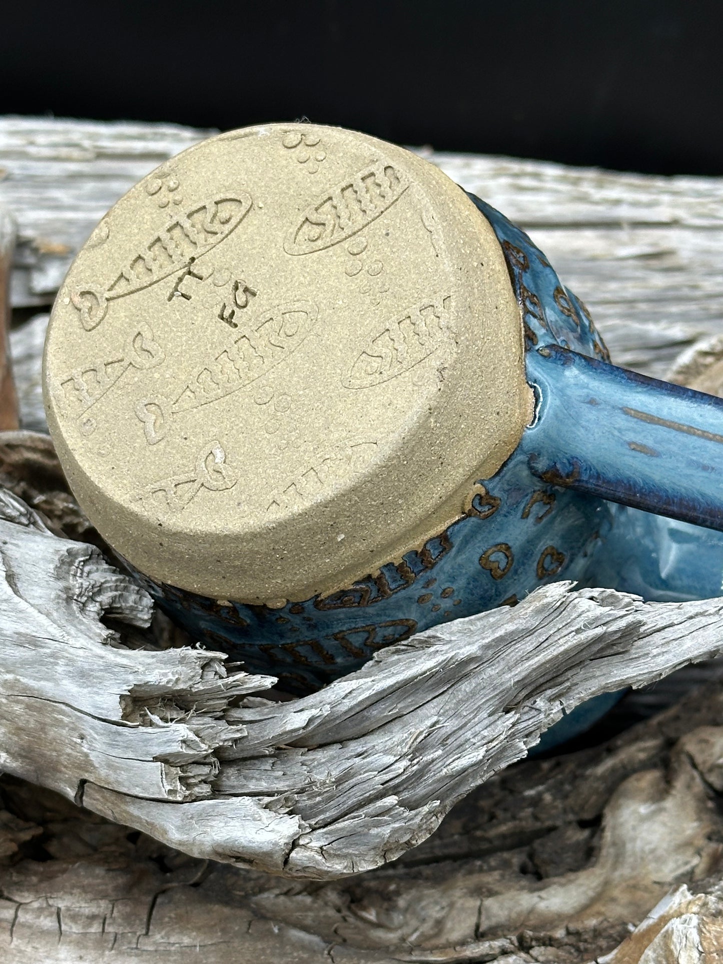 Water Blue Hand Built Textured Whimsical Fish Mug with Brown Accents approximately 12 ounces (M0108)