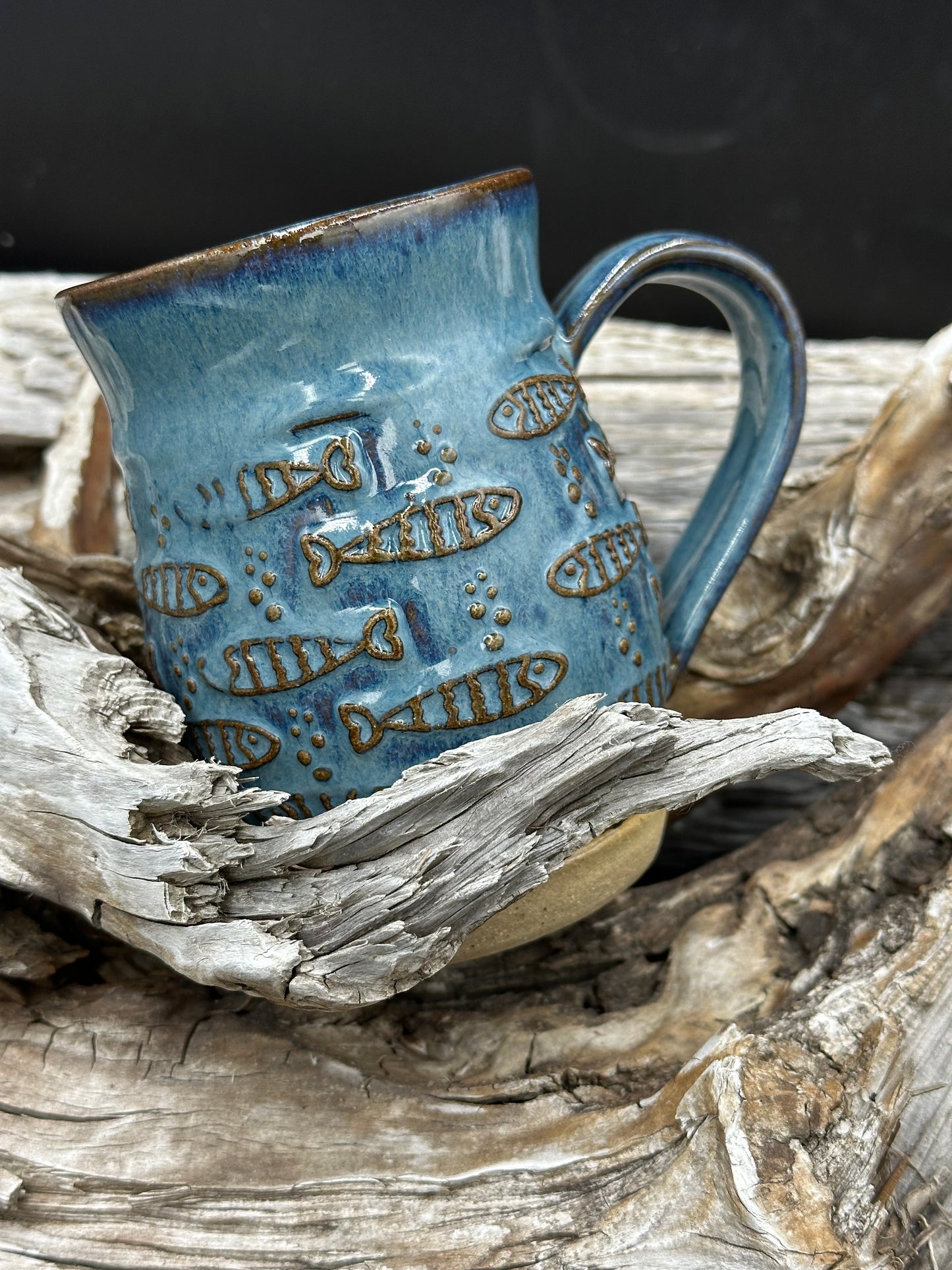 Water Blue Hand Built Textured Whimsical Fish Mug with Brown Accents approximately 12 ounces (M0108)