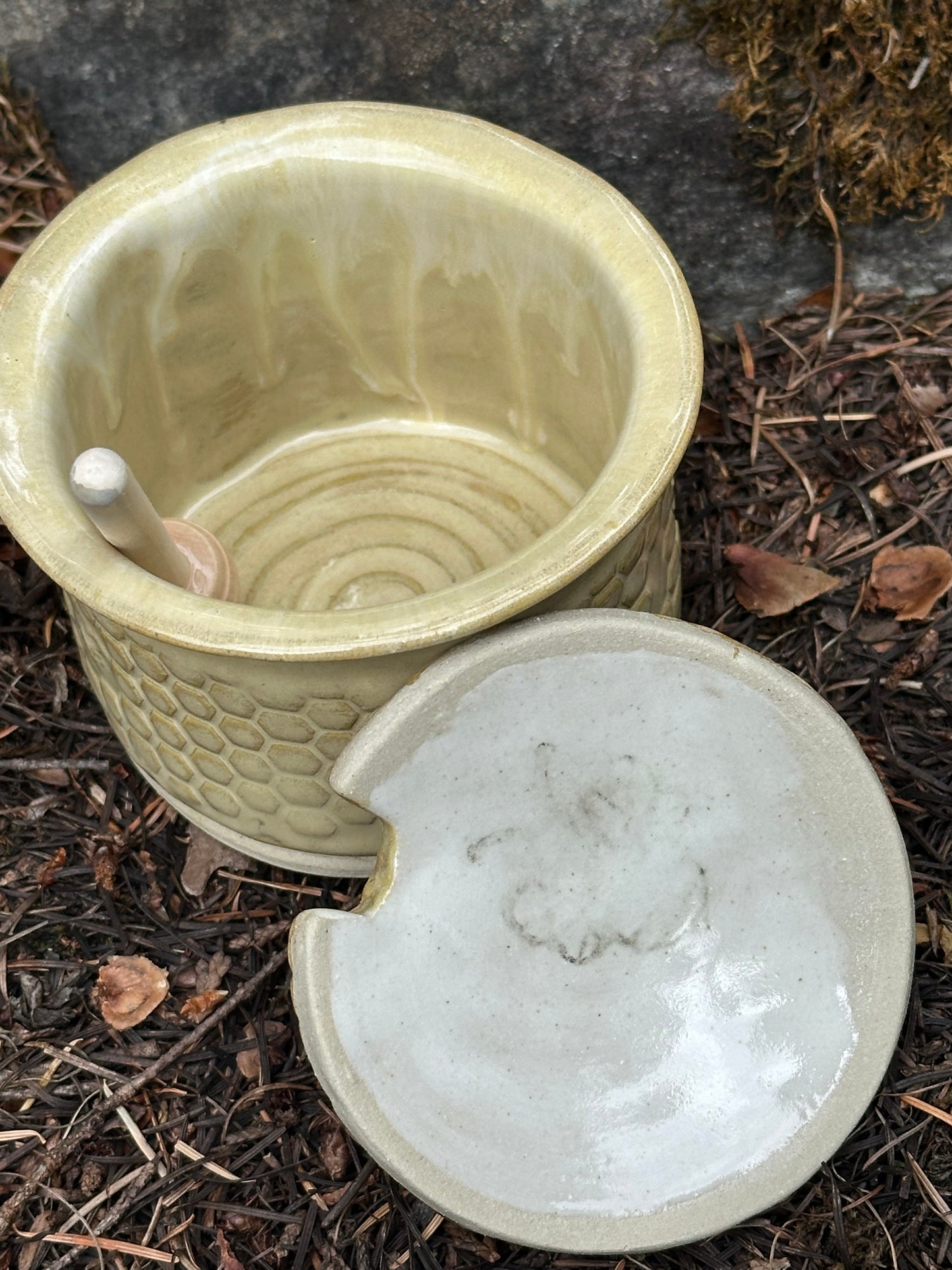 Handmade Pottery Honey Pot - Drippy Butter Yellow (approx. 1/2 cup)