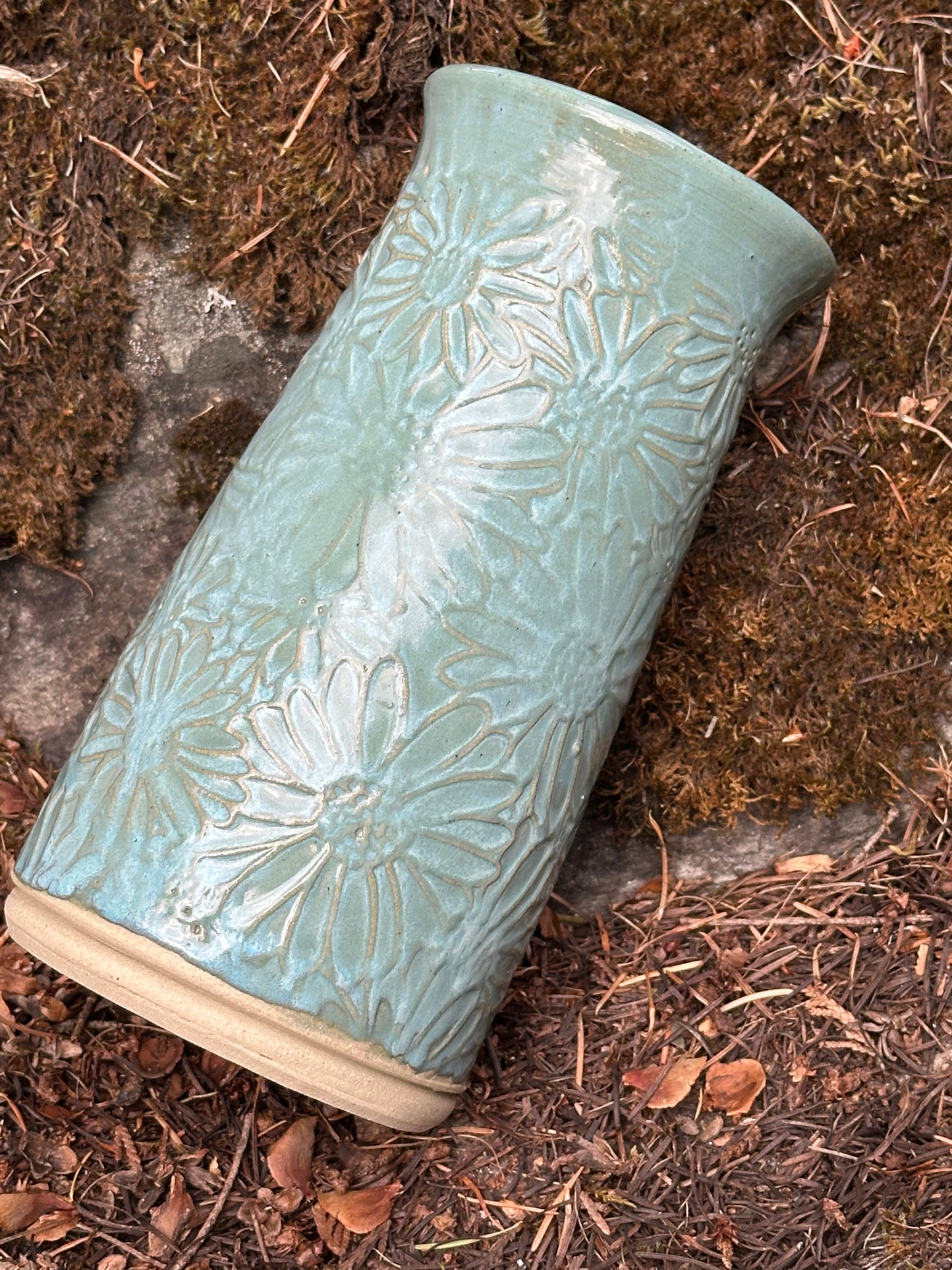 Handmade Textured Pottery Vase - Daisies in Tantalizing Turquoise (approx. 10 inches tall)