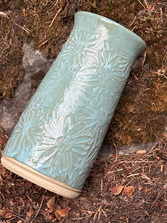 Handmade Textured Pottery Vase - Daisies in Tantalizing Turquoise (approx. 10 inches tall)