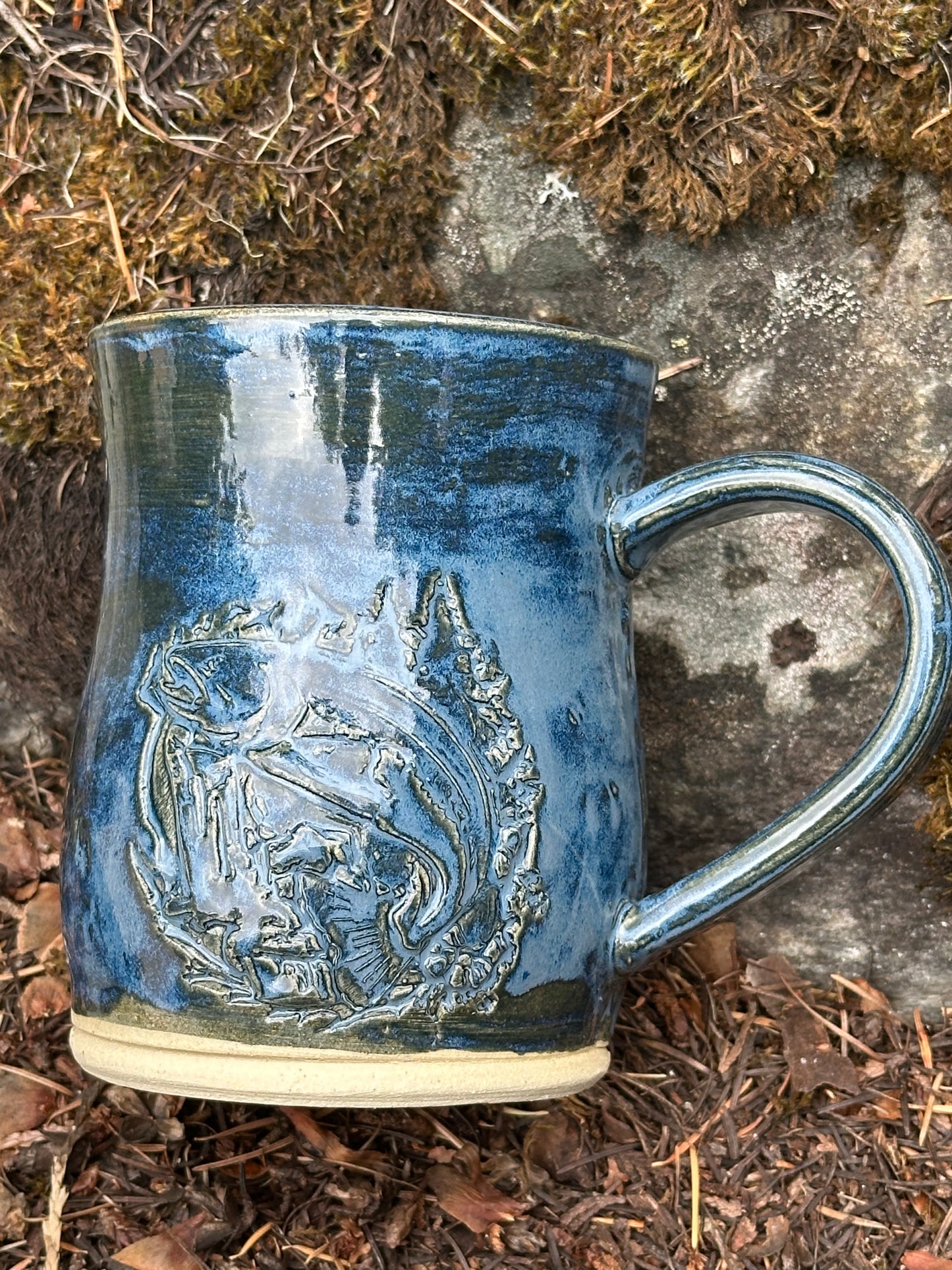 Handmade Pottery Mug - Trout Fish Jumping Scene in Variegated Blue (approx. 16 ounces)
