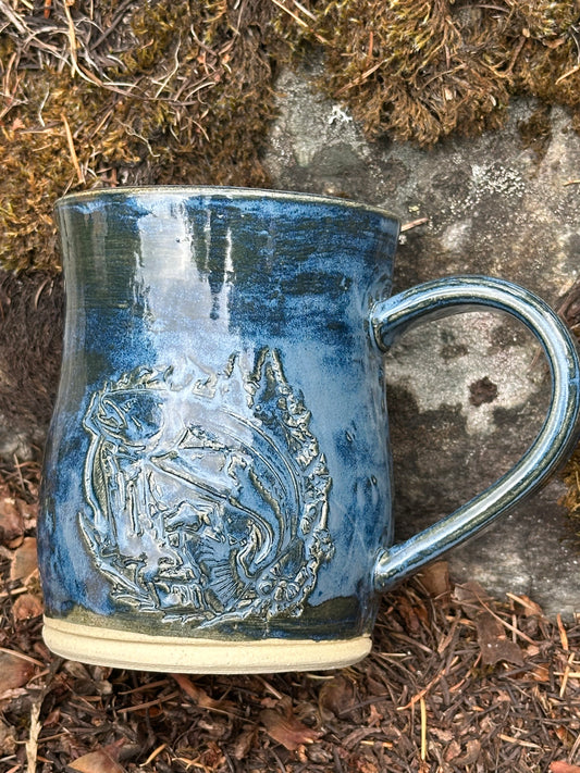 Handmade Pottery Mug - Trout Fish Jumping Scene in Variegated Blue (approx. 16 ounces)