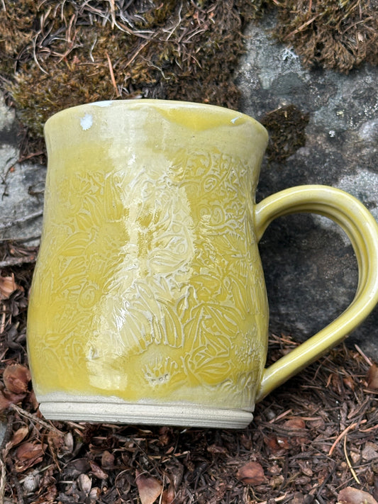 Handmade Pottery Mug with Subtle Sunflower Texture in Buttercup Yellow (approx. 16 ounces)