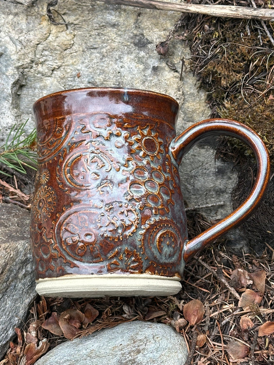 Handmade Pottery Mug - Steampunk Gears in Misty Rusty Brown (approx. 16 ounces)