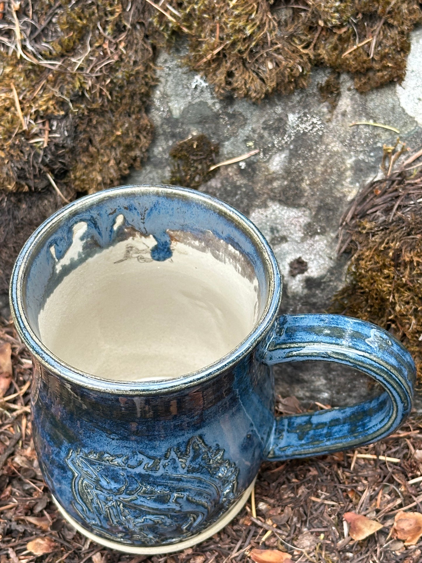 Handmade Pottery Mug - Trout Fish Jumping Scene in Variegated Blue (approx. 16 ounces)