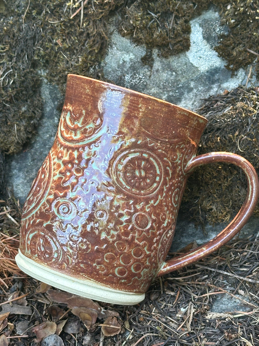 Brown with Green Steampunk Gears Pottery/Ceramic Mug approx. 16 oz. (250002)