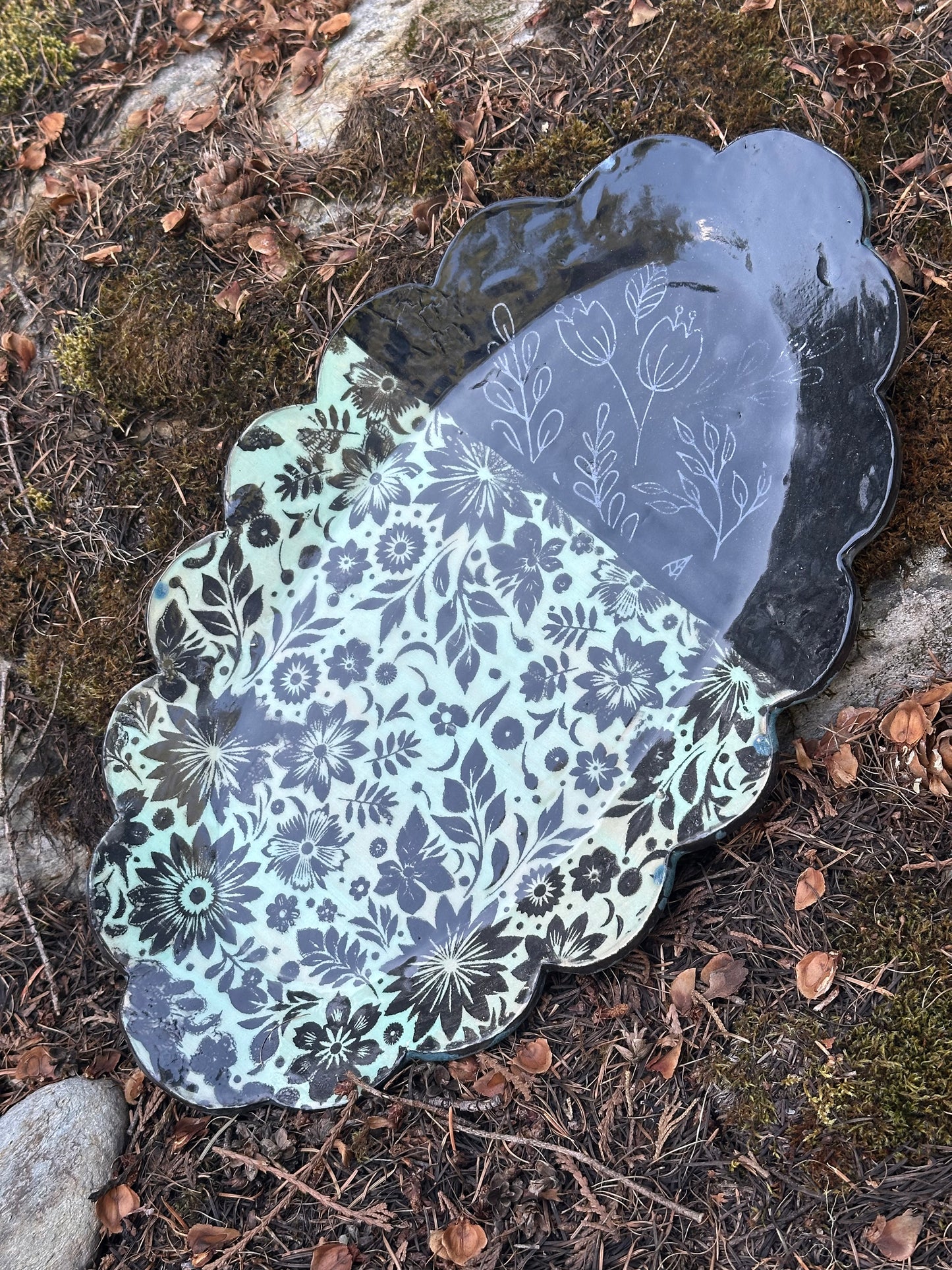 Ruffled oval aqua and black floral silkscreen pottery tray