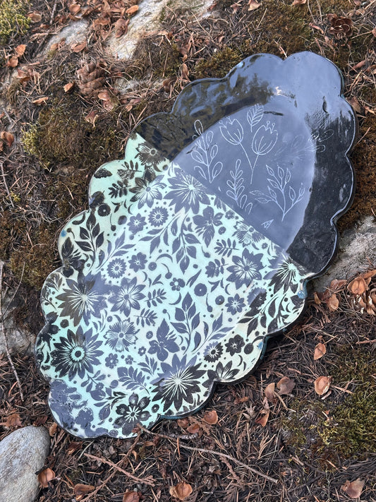 Ruffled oval aqua and black floral silkscreen pottery tray