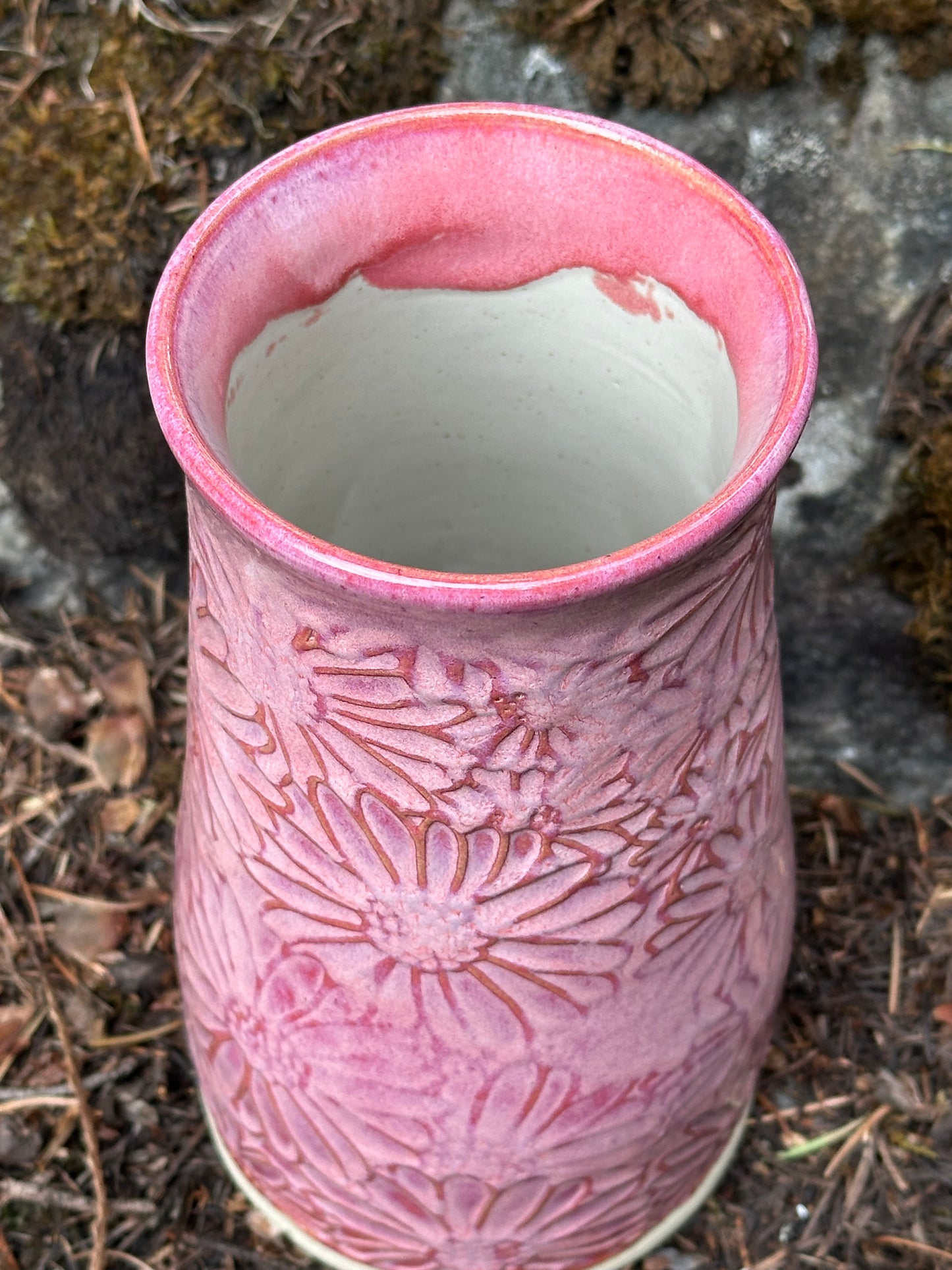 Handmade Pottery Textured Vase - Daisies in Peony Pink (approx. 10 inches tall)