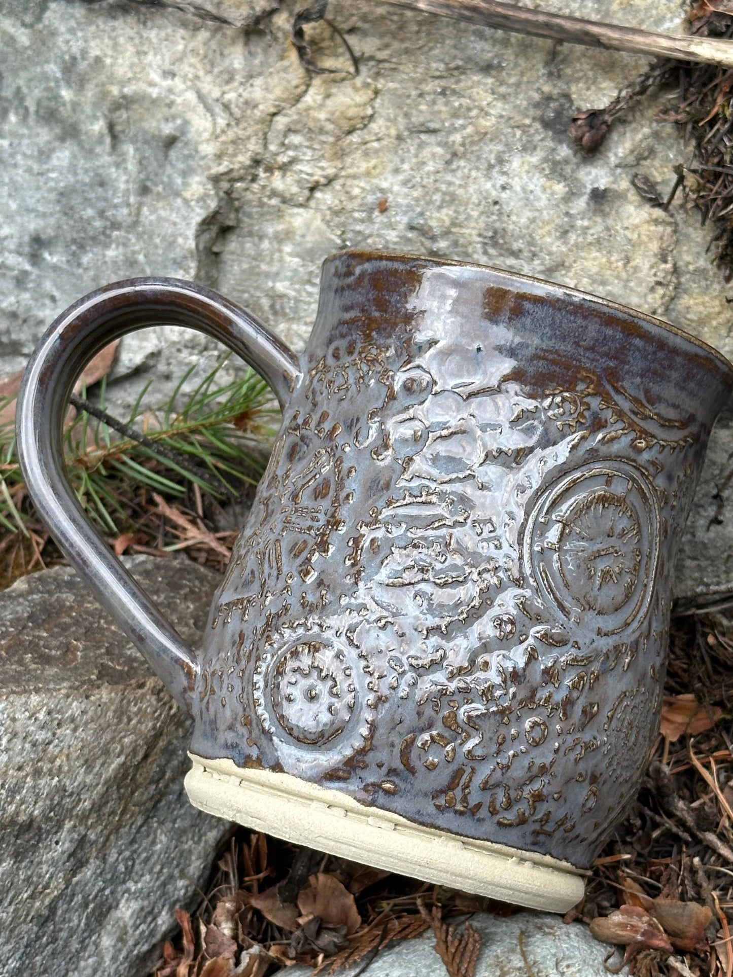 Handmade Pottery Mug - Steampunk Gears in Misty Earth (approx. 16 ounces)