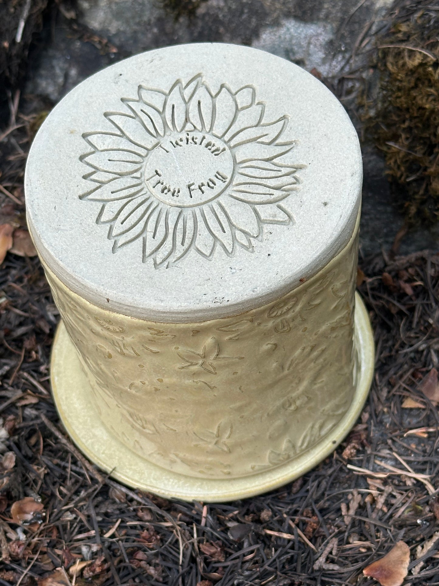 Pottery (Ceramic) Butter Yellow Glossy Sunflower Textured Butter Keeper