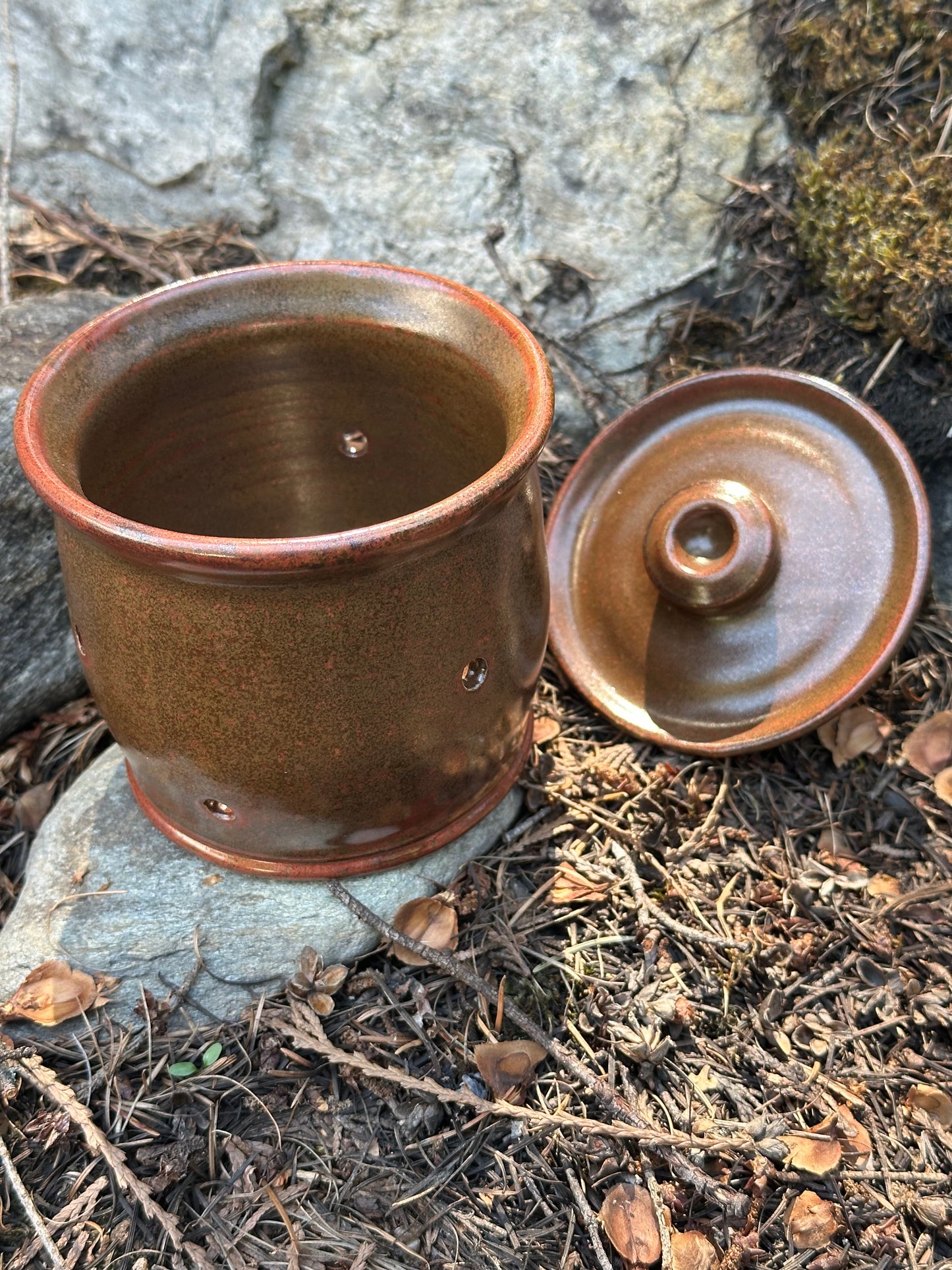 Pottery (Ceramic) Straight Side Brown with Red Accents Garlic Keeper