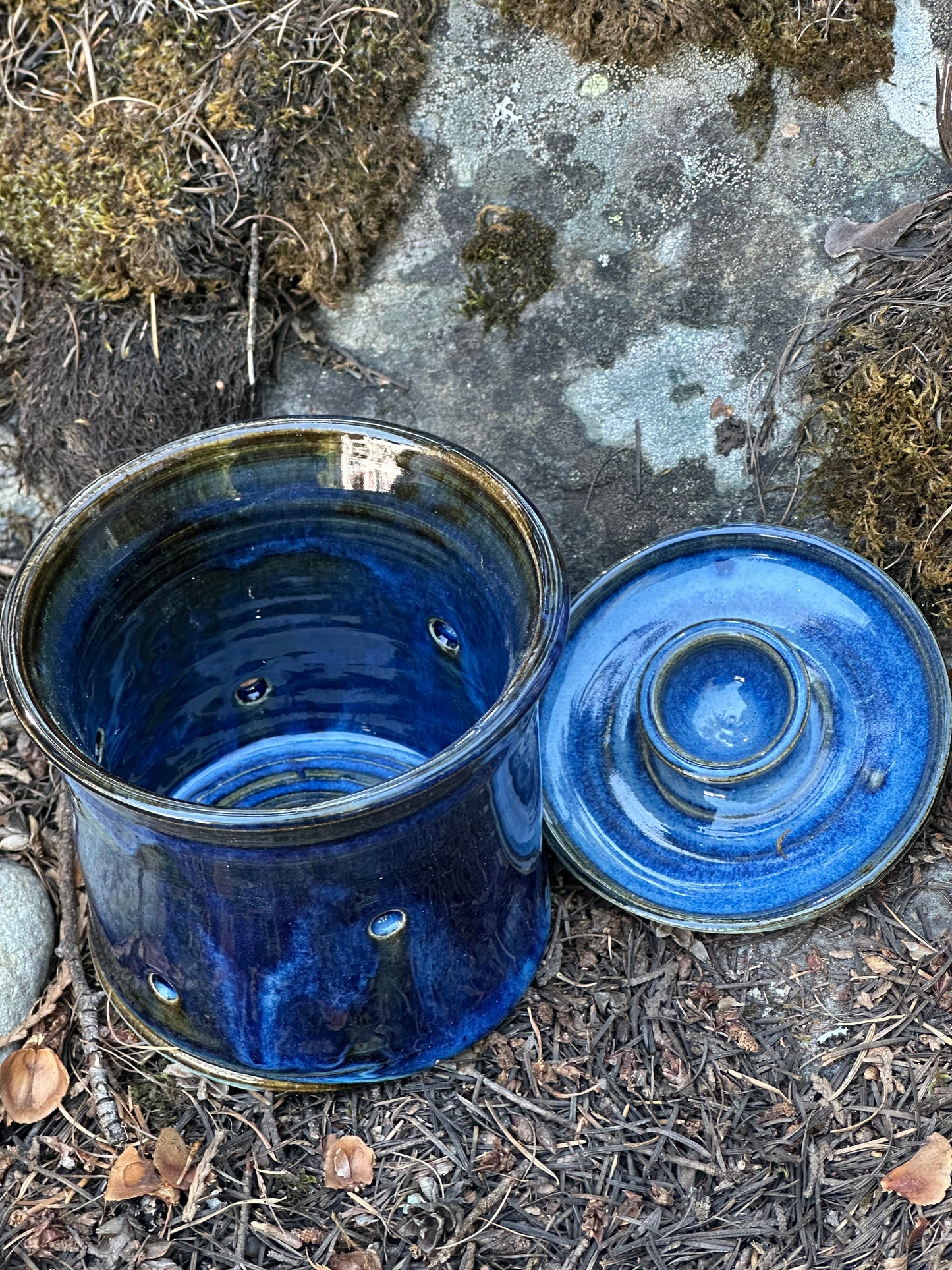 Pottery (Ceramic) Blue Straight Sided Garlic Keeper