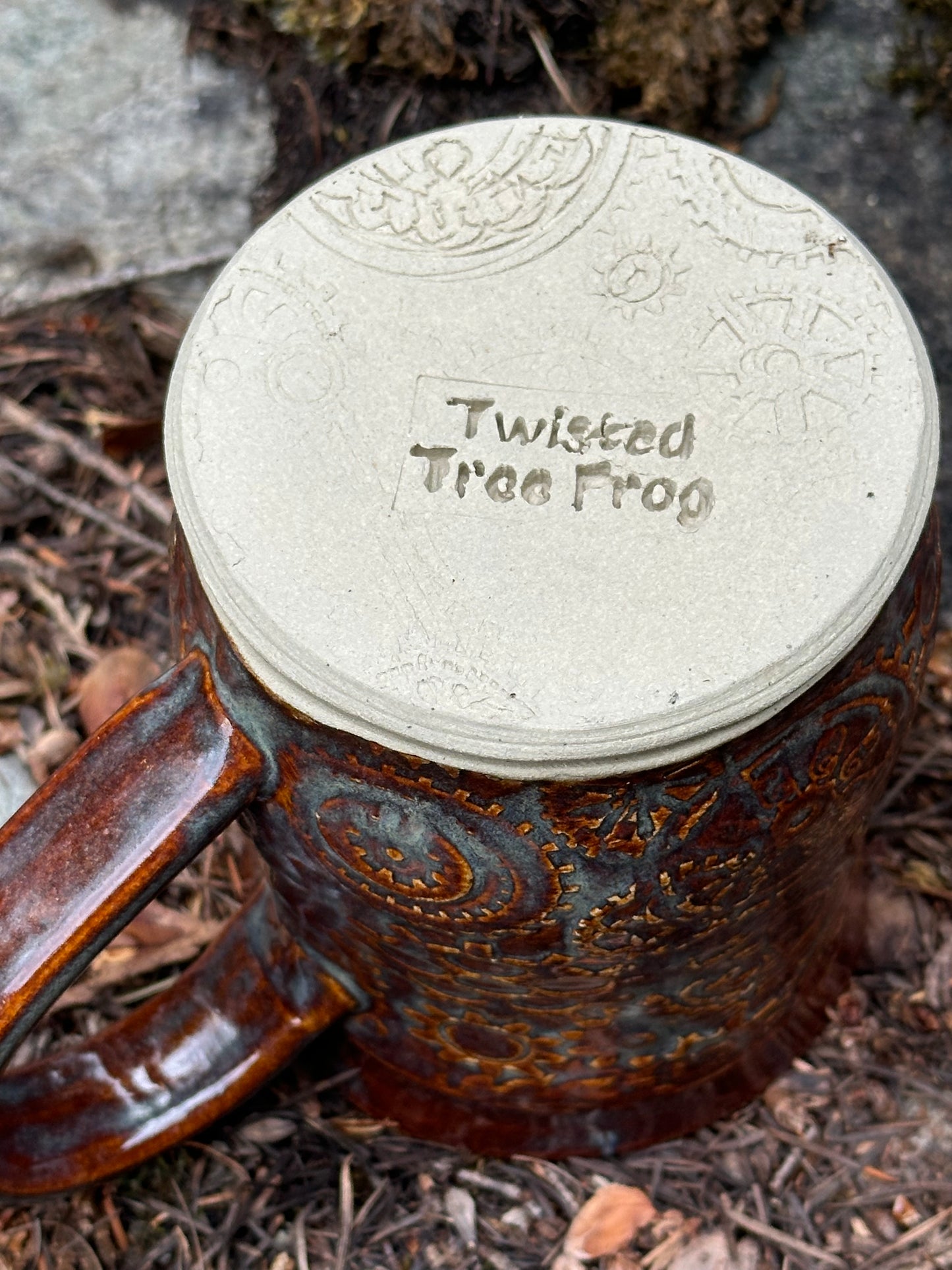 Handmade Pottery Mug - Steampunk Gears in Misty Rusty Brown (approx. 16 ounces)