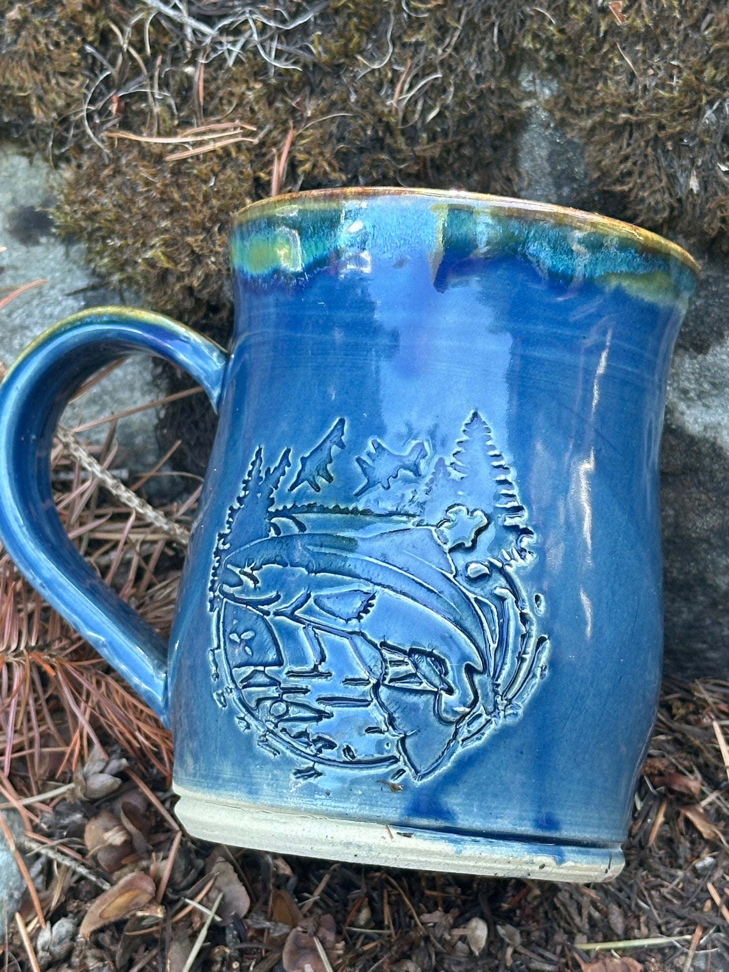 Blue Trout Fish Jumping Pottery/Ceramic Mug approx. 16 oz. (250006)