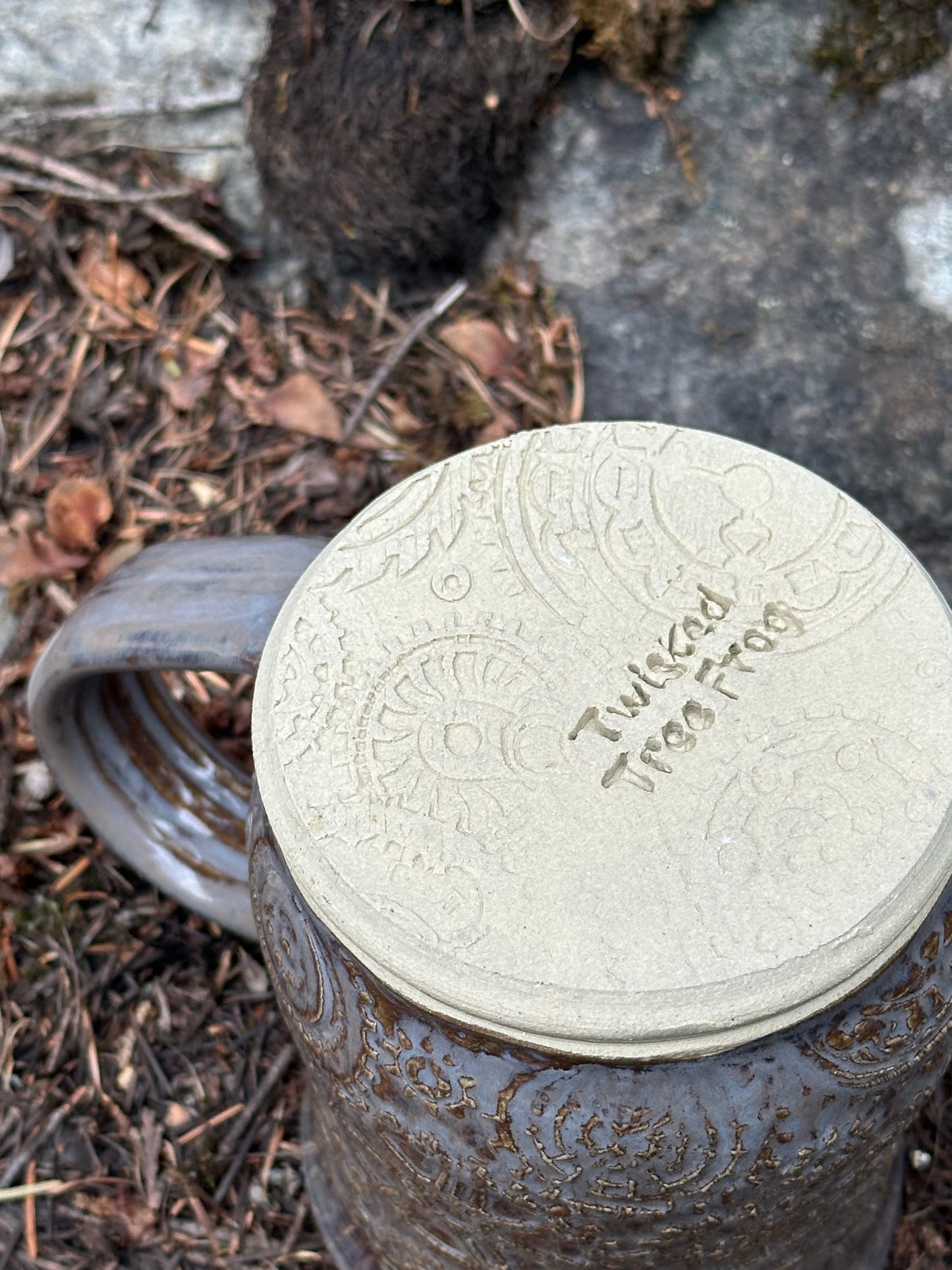 Handmade Pottery Mug - Steampunk Gears in Misty Earth (approx. 16 ounces)