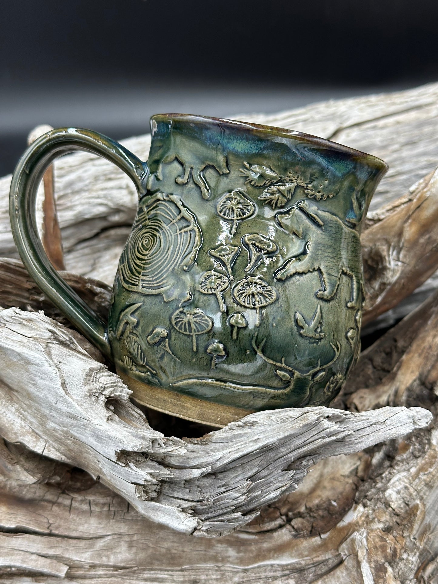Outdoor Forest Scene Green Pottery Mug approximately 16 ounces (M0104)