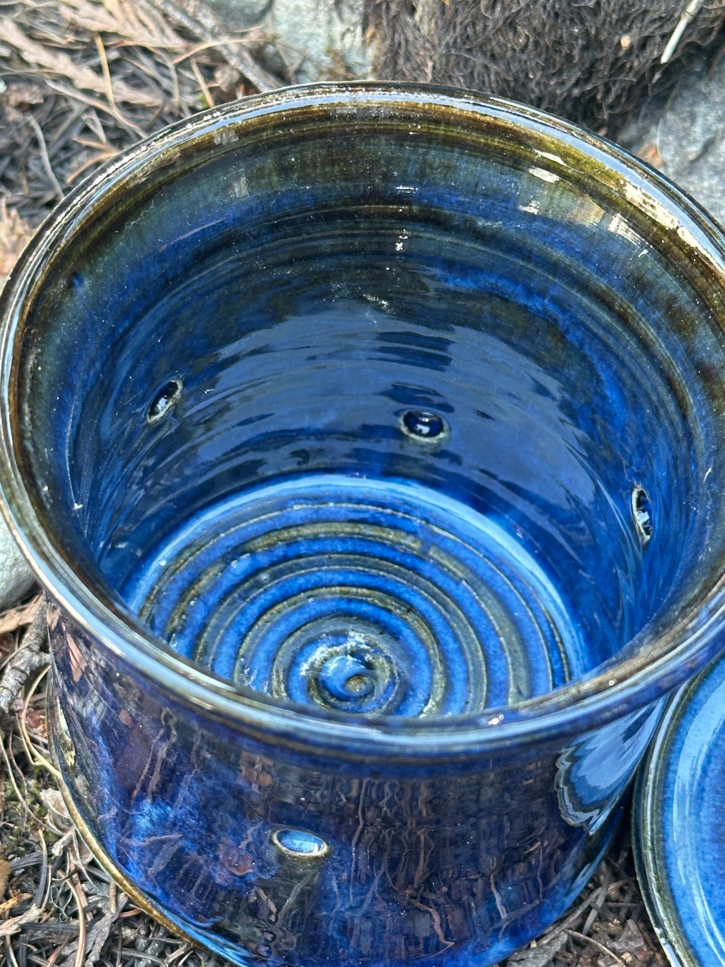 Pottery (Ceramic) Blue Straight Sided Garlic Keeper