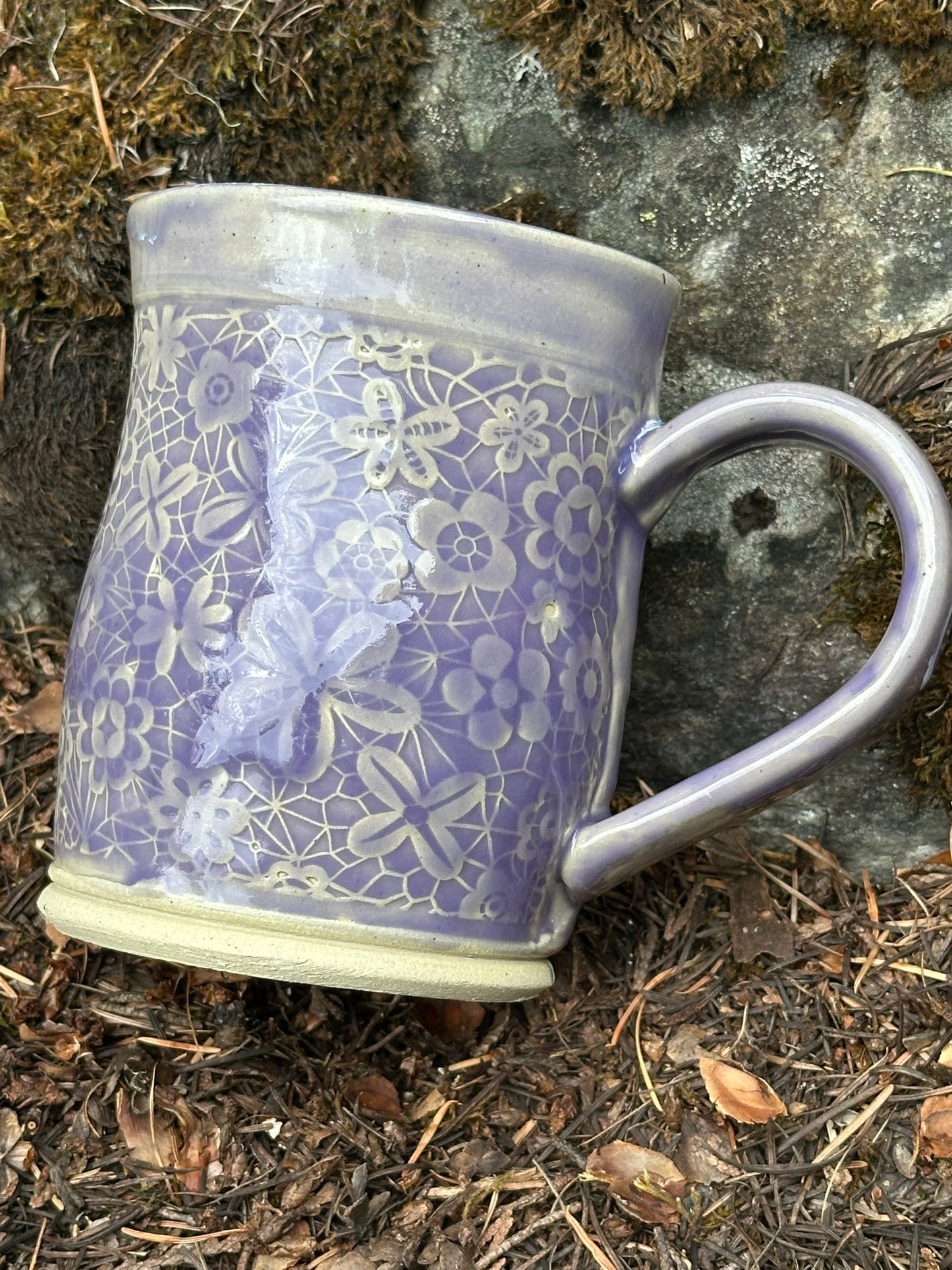 Handmade Pottery Mug - Lavender Floral Lace (approx. 16 ounces)