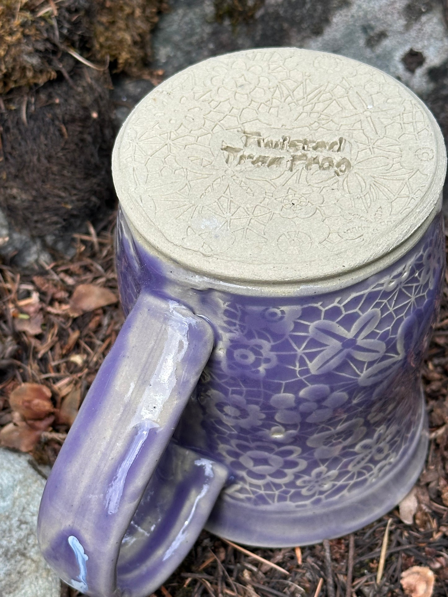 Handmade Pottery Mug - Lavender Floral Lace (approx. 16 ounces)