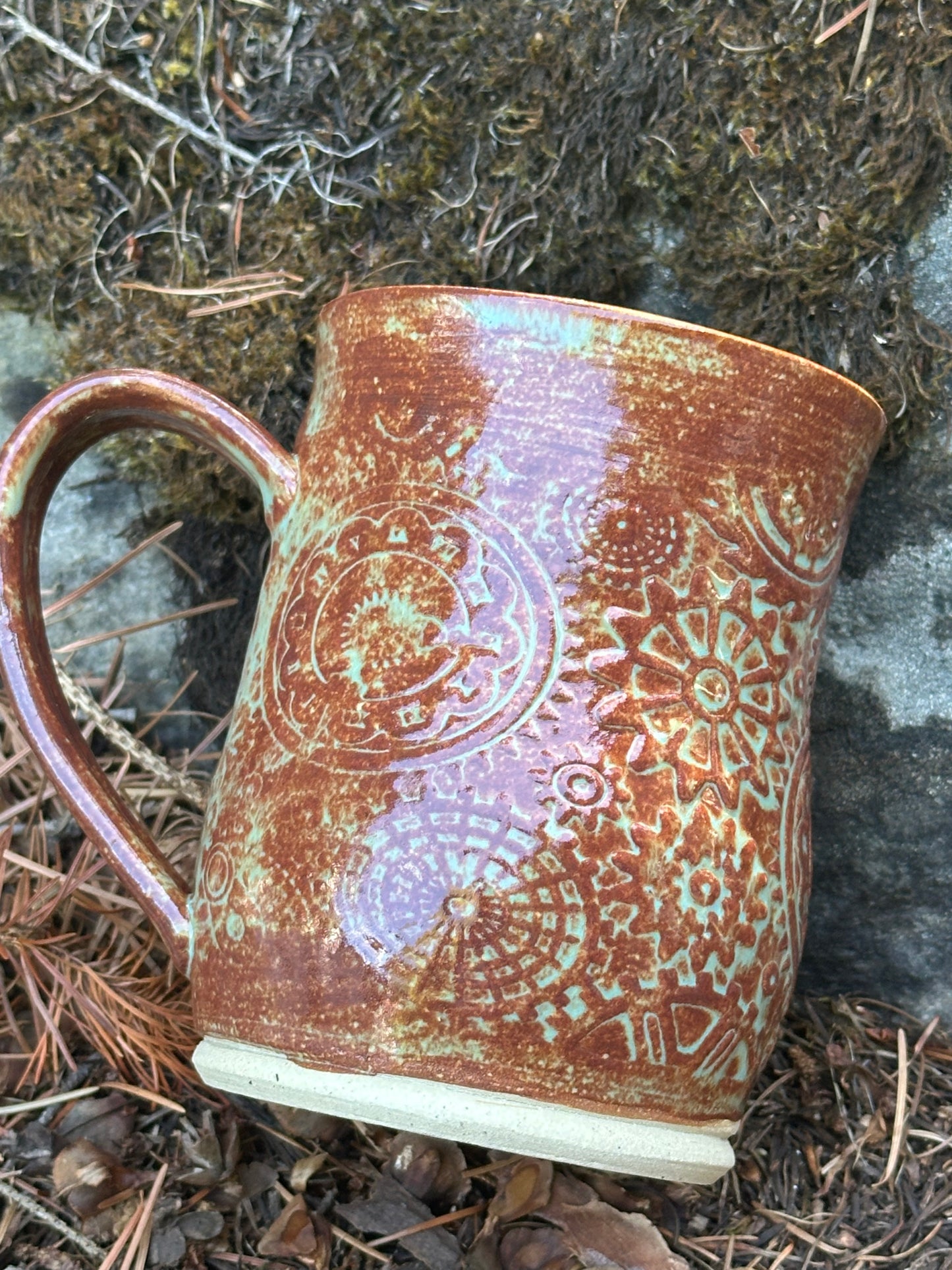 Brown with Green Steampunk Gears Pottery/Ceramic Mug approx. 16 oz. (250002)