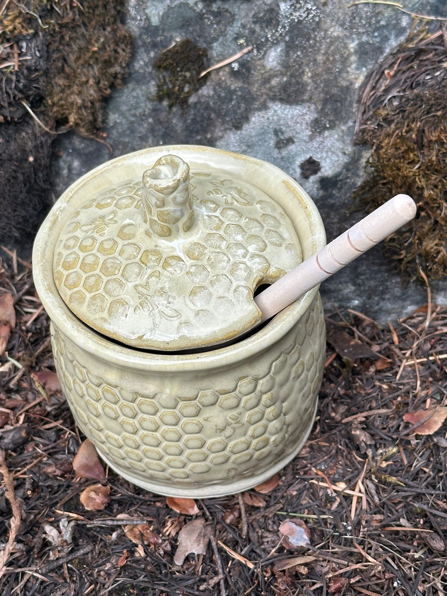 Handmade Pottery Honey Pot - Drippy Butter Yellow (approx. 1 cup)
