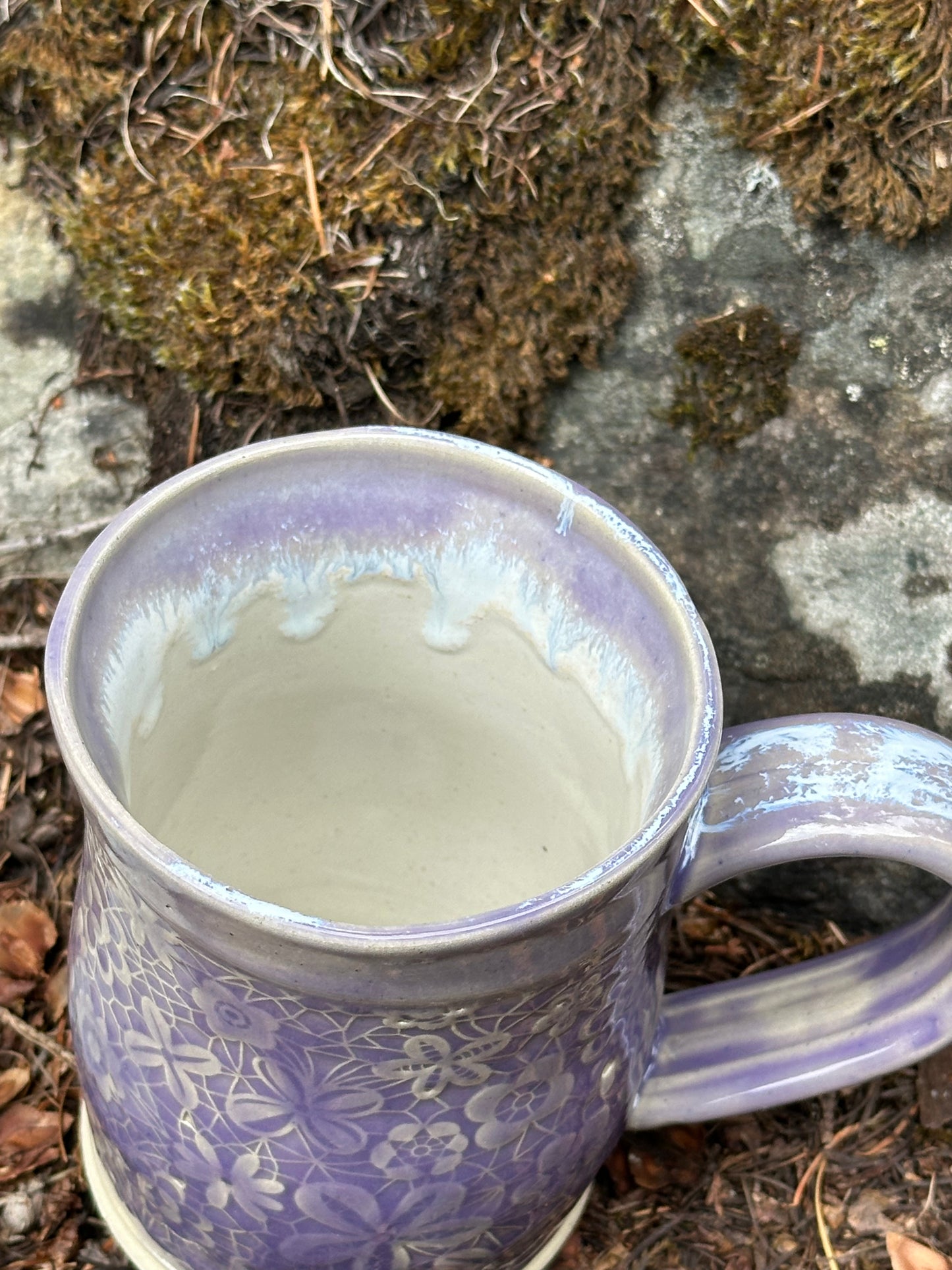 Handmade Pottery Mug - Lavender Floral Lace (approx. 16 ounces)