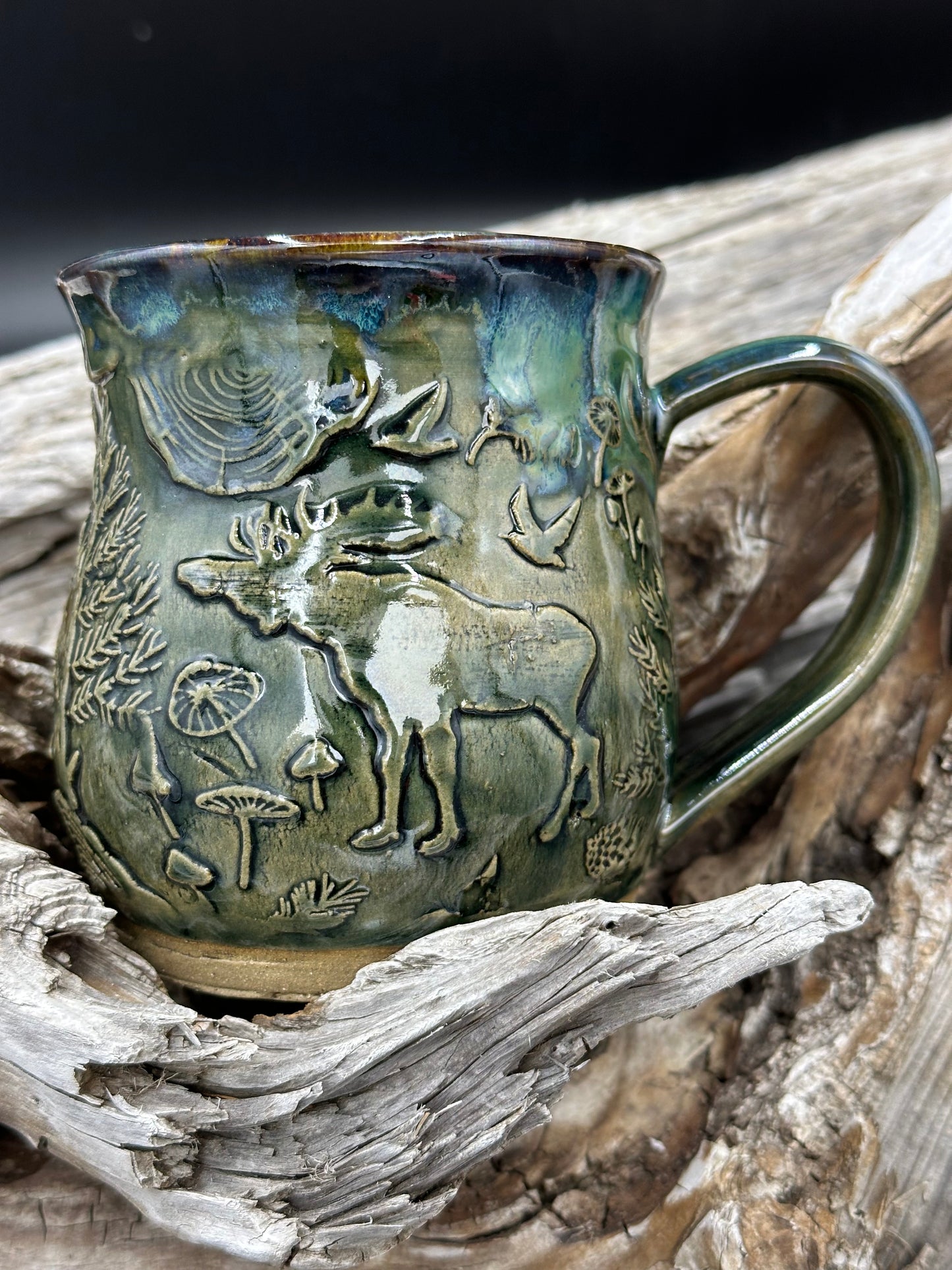 Outdoor Forest Scene Green Pottery Mug approximately 16 ounces (M0104)