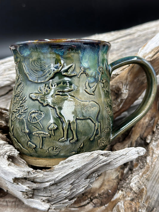 Outdoor Forest Scene Green Pottery Mug approximately 16 ounces (M0104)