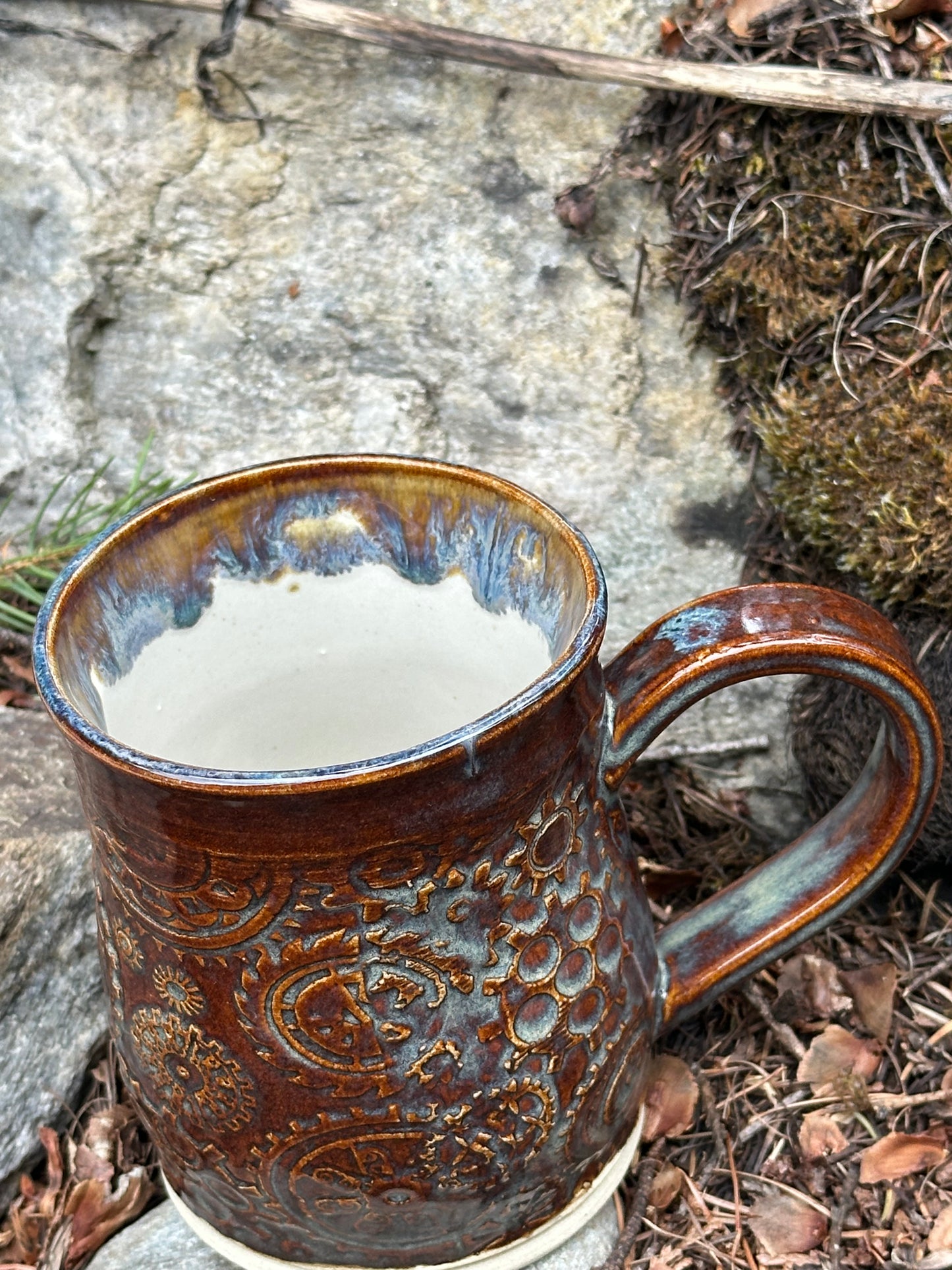 Handmade Pottery Mug - Steampunk Gears in Misty Rusty Brown (approx. 16 ounces)