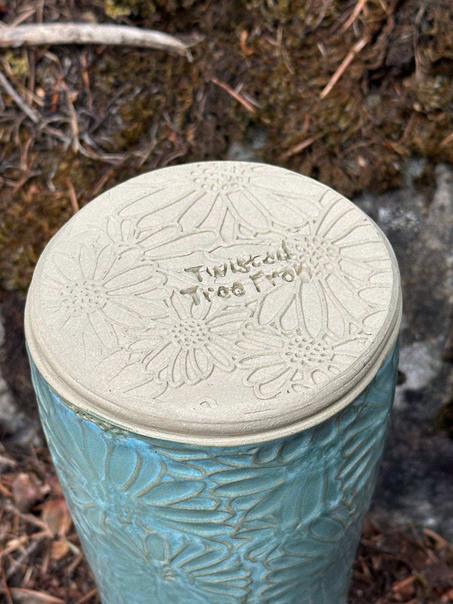 Handmade Textured Pottery Vase - Daisies in Tantalizing Turquoise (approx. 10 inches tall)