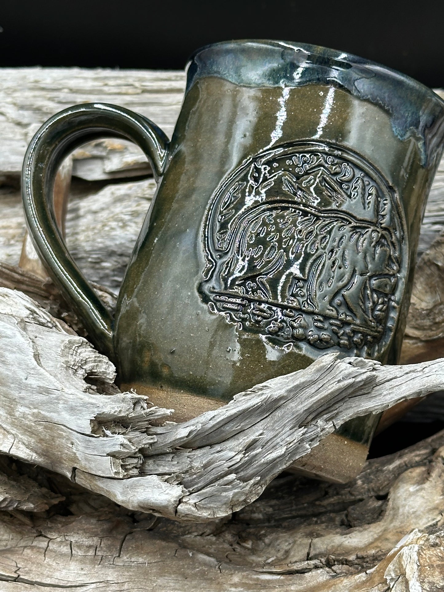 Bear in the Woods Dark Mottled Green Pottery Mug/Cup approximately 16 ounces (M0112)