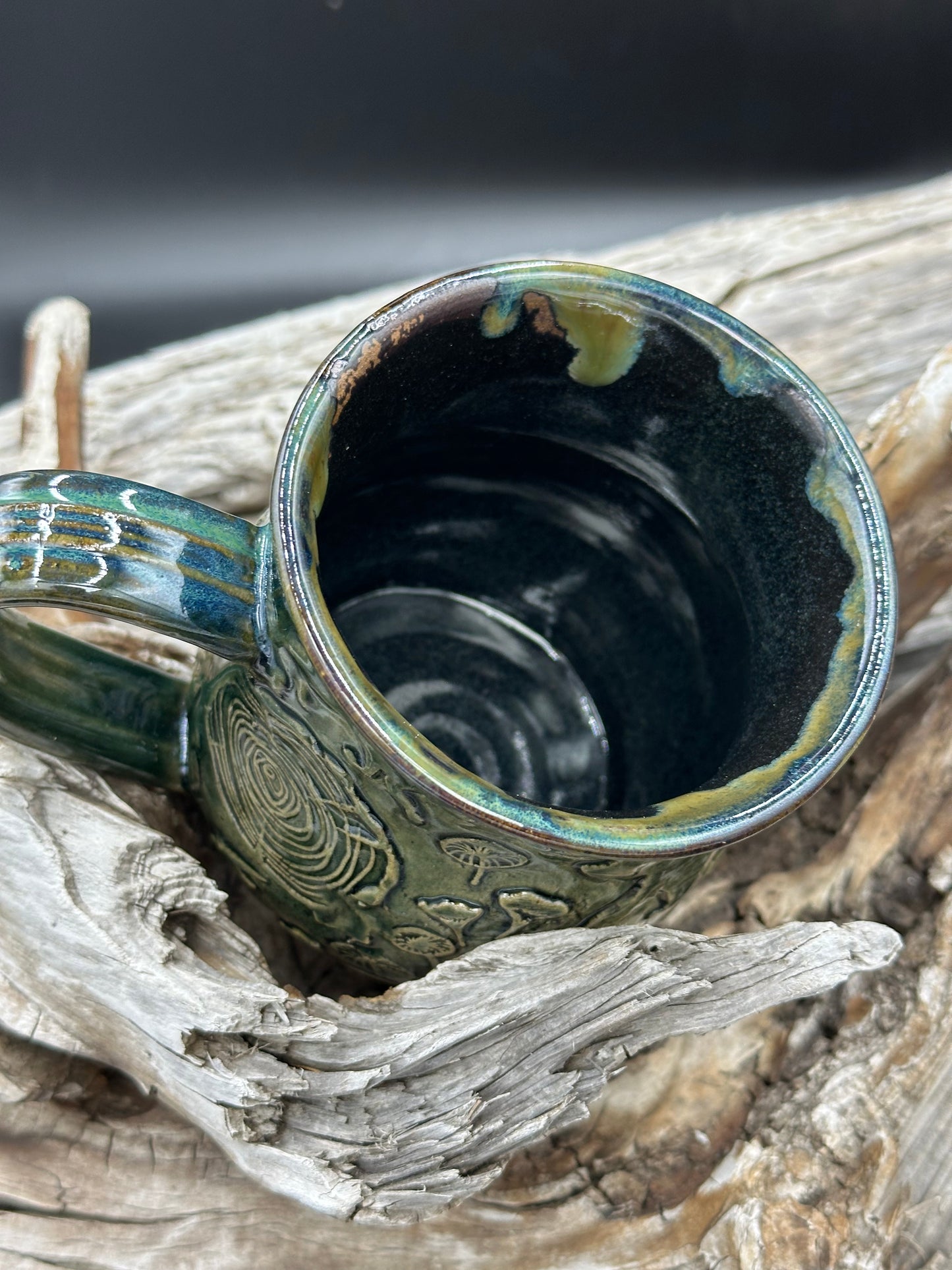 Outdoor Forest Scene Green Pottery Mug approximately 16 ounces (M0104)