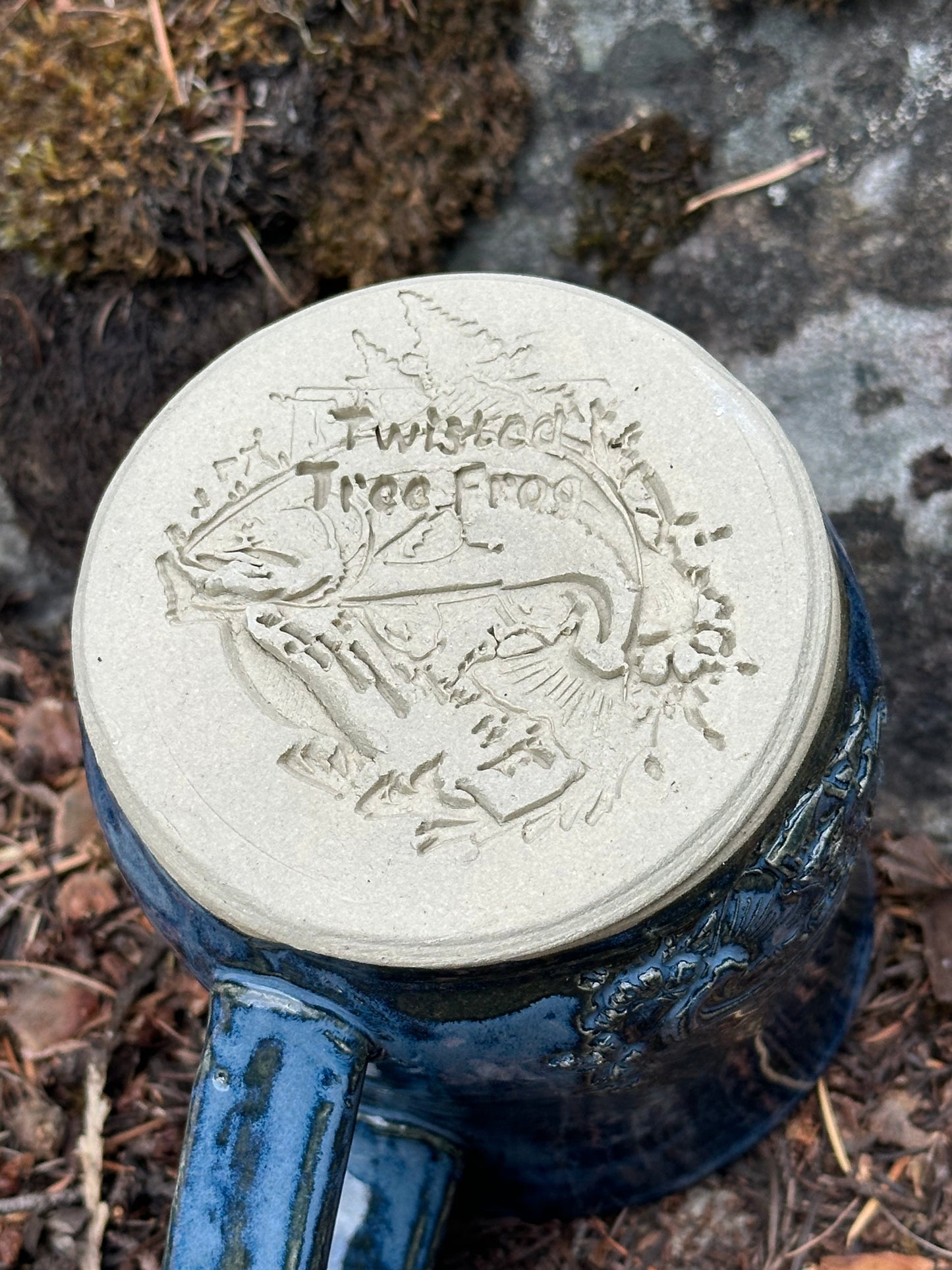 Handmade Pottery Mug - Trout Fish Jumping Scene in Variegated Blue (approx. 16 ounces)