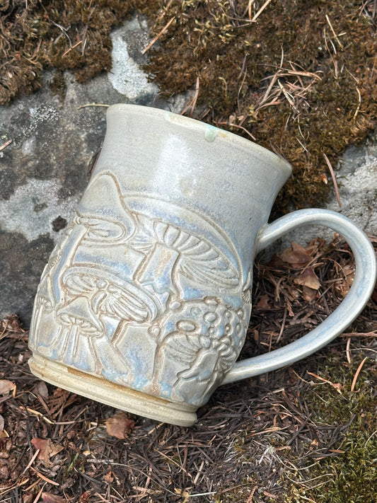 Handmade Textured Pottery Mug - Mystical Mushrooms in Crystalized Blue on White (approx. 16 ounces)