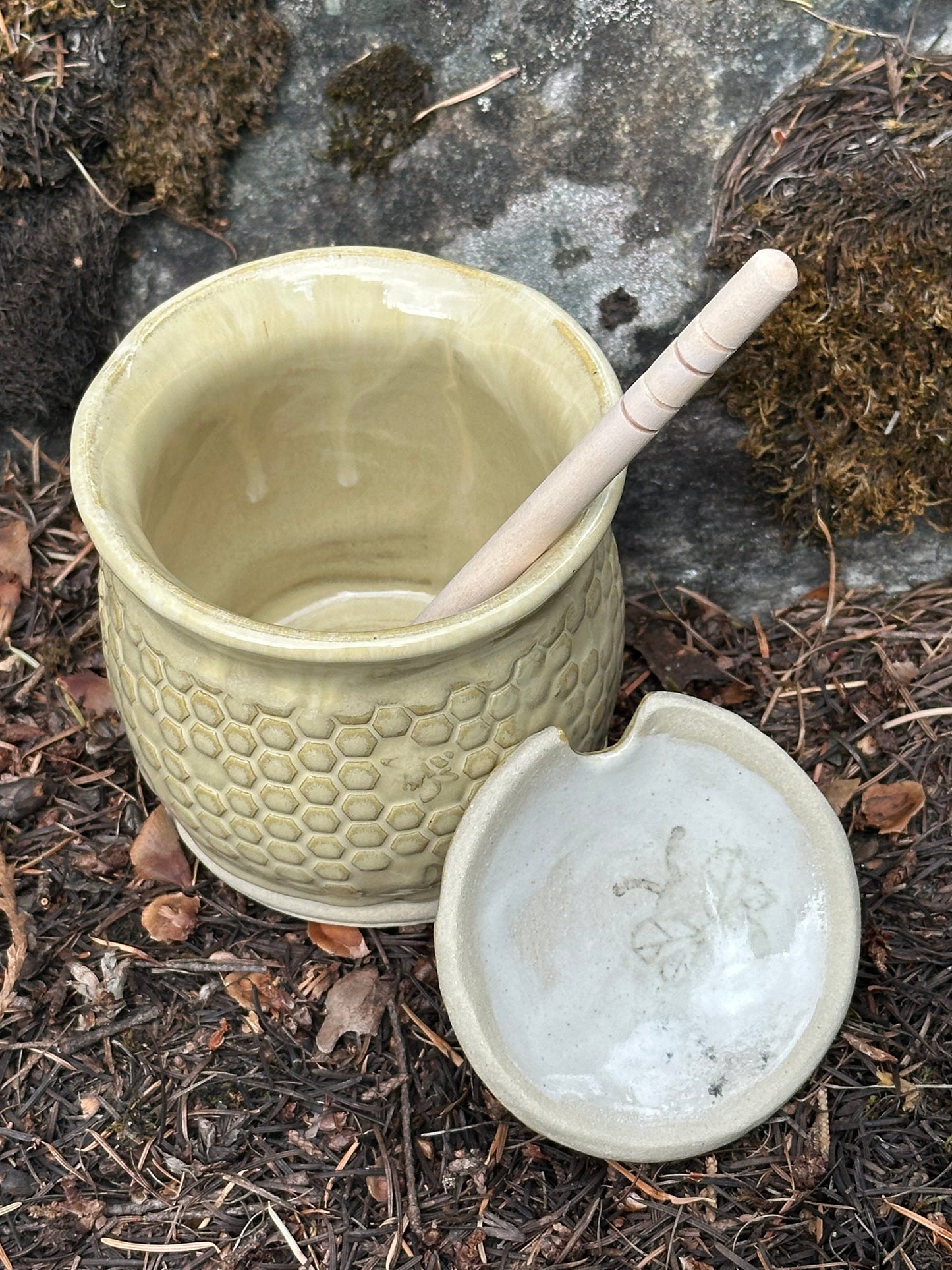 Handmade Pottery Honey Pot - Drippy Butter Yellow (approx. 1 cup)