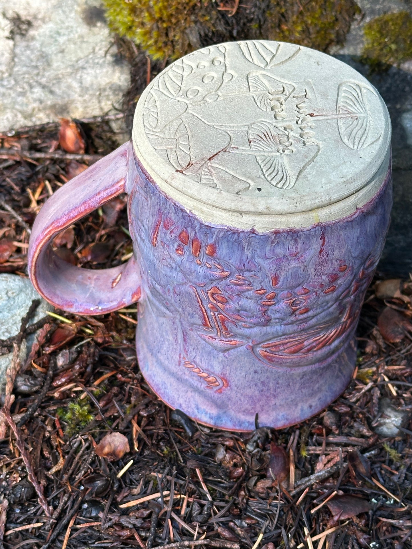 Handmade Pottery Mug - Mystical Mushrooms in Purple Whimsy (approx. 16 ounces)