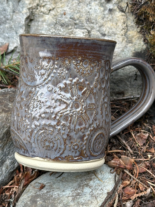 Handmade Pottery Mug - Steampunk Gears in Misty Earth (approx. 16 ounces)