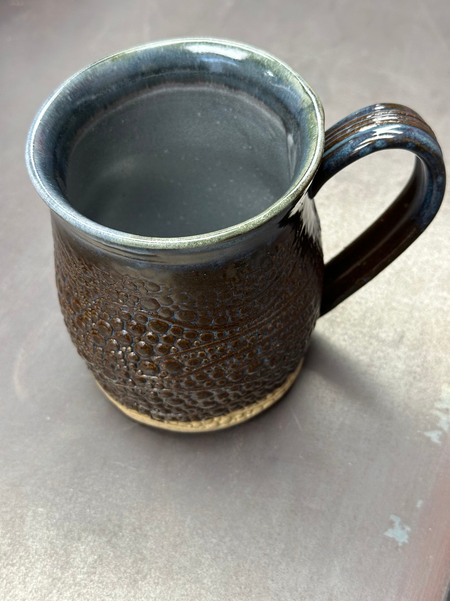 Bubble Textured Blue and Brown Pottery Mug/Cup approximately 16 ounces (M0113)