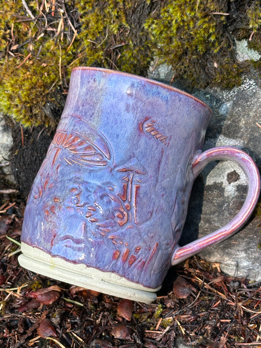 Handmade Pottery Mug - Mystical Mushrooms in Purple Whimsy (approx. 16 ounces)