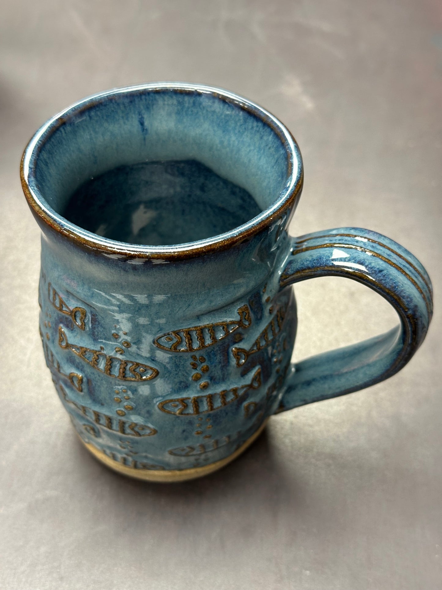 Water Blue Hand Built Textured Whimsical Fish Mug with Brown Accents approximately 12 ounces (M0108)