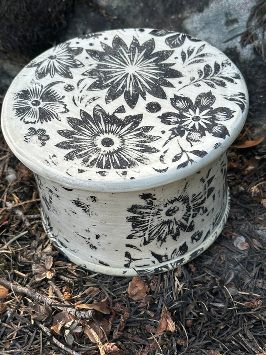 Pottery (Ceramic) White with Black Floral Design Butter Keeper