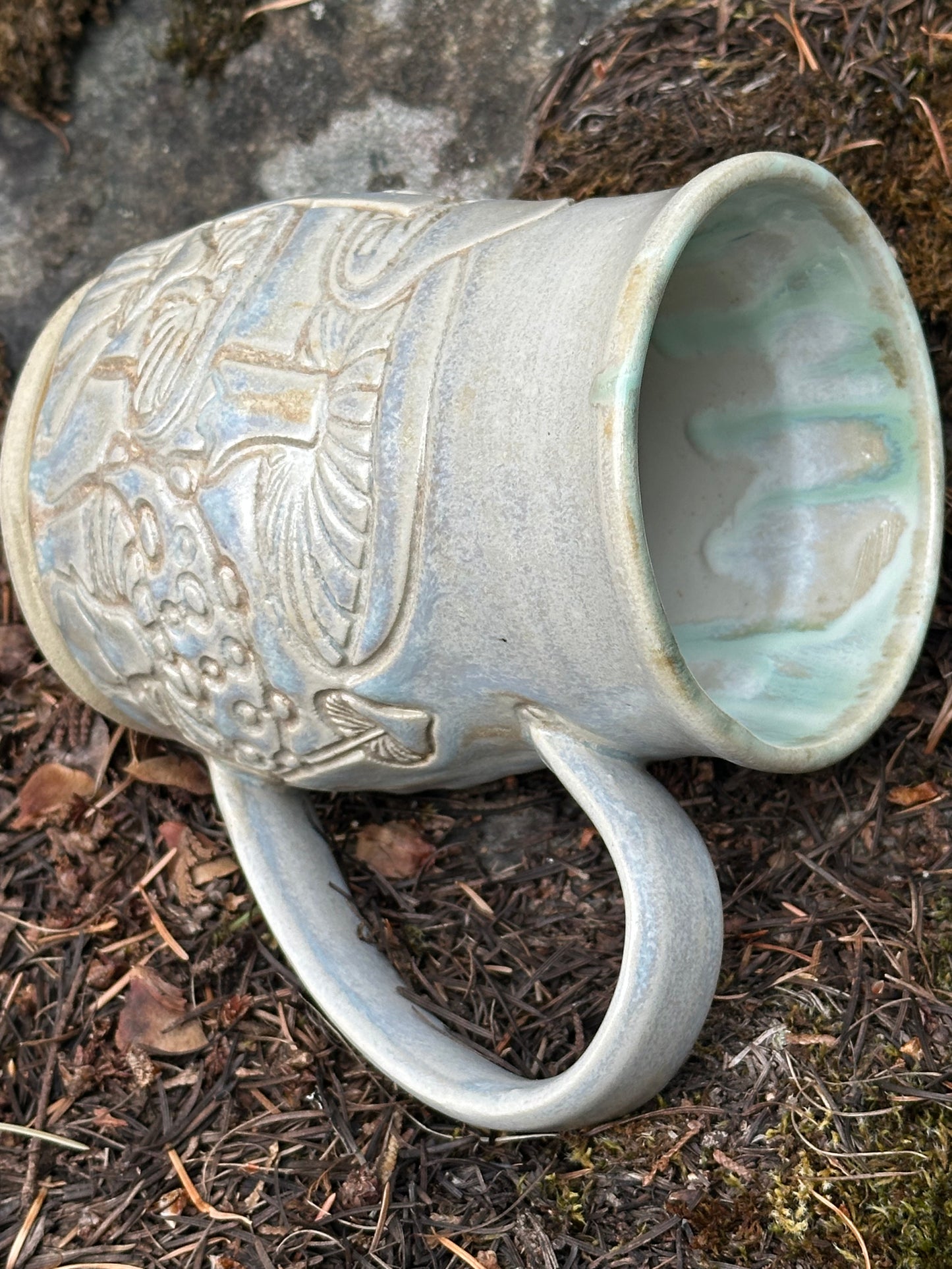 Handmade Textured Pottery Mug - Mystical Mushrooms in Crystalized Blue on White (approx. 16 ounces)
