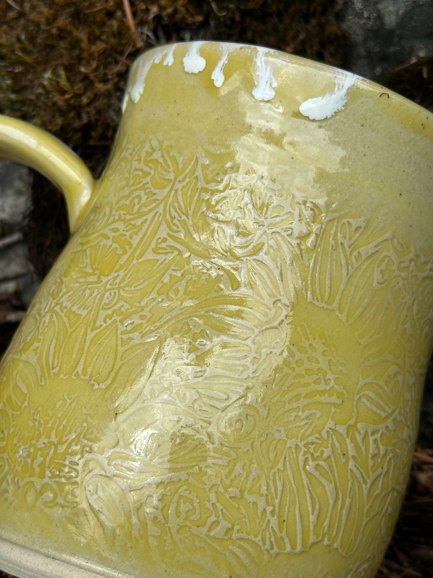 Handmade Pottery Mug with Subtle Sunflower Texture in Buttercup Yellow (approx. 16 ounces)