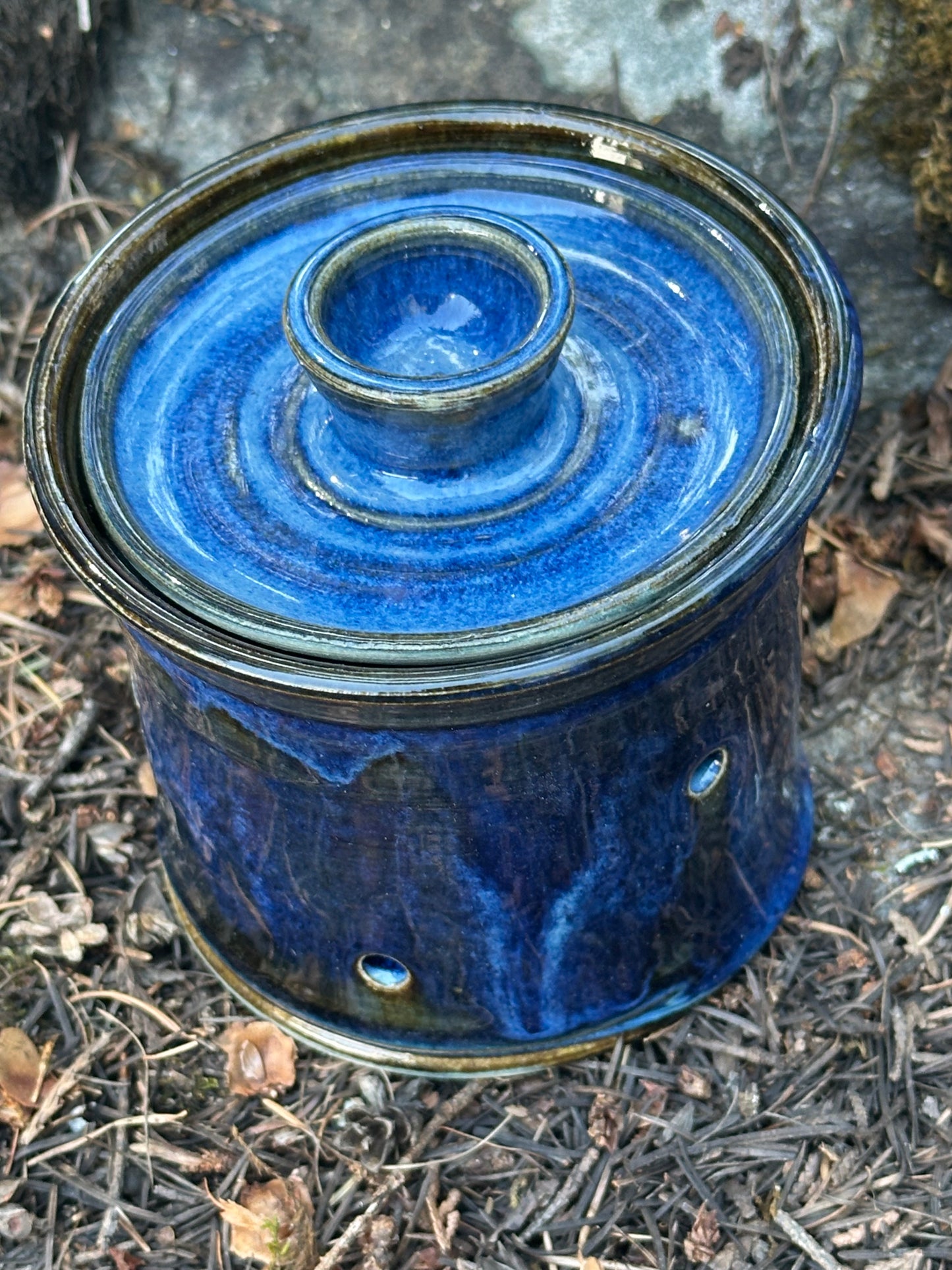 Pottery (Ceramic) Blue Straight Sided Garlic Keeper