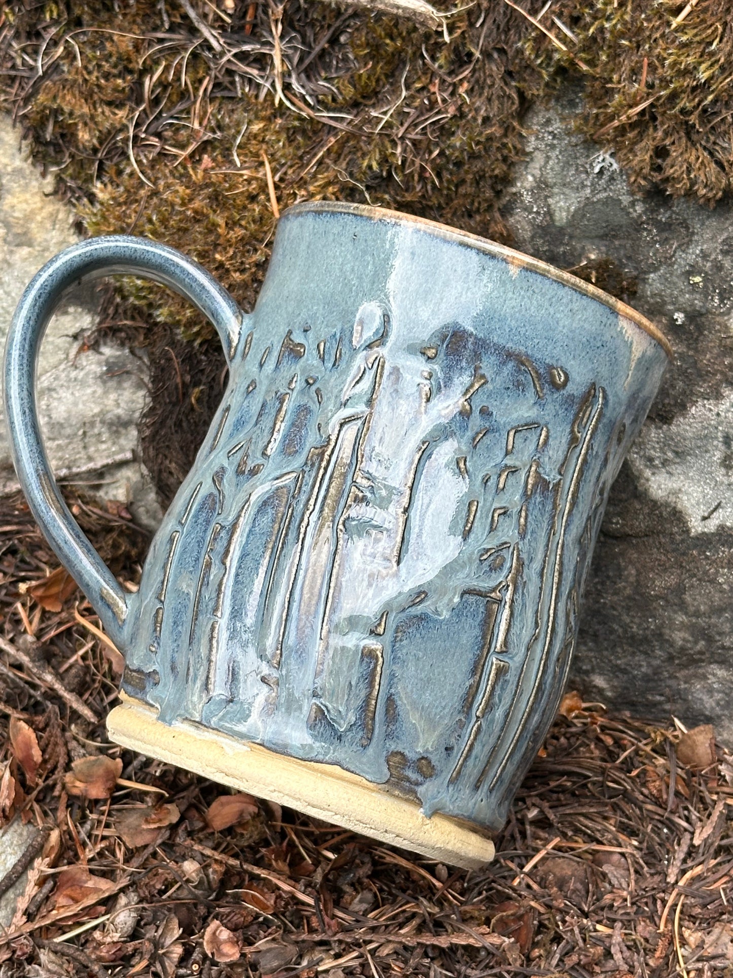 Handmade Pottery Mug - Birch Trees in Misty Blue Dusk (approx. 16 ounces)